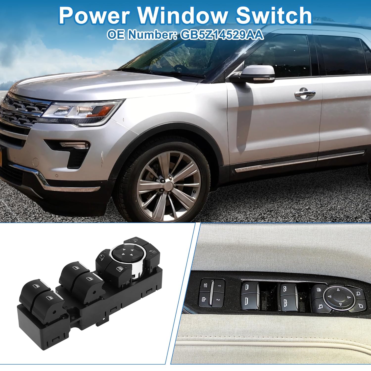 Power Window Switch No.GB5Z14529AA Front Left Driver Side Window Control Switch for Ford Explorer 2016-2019 Black