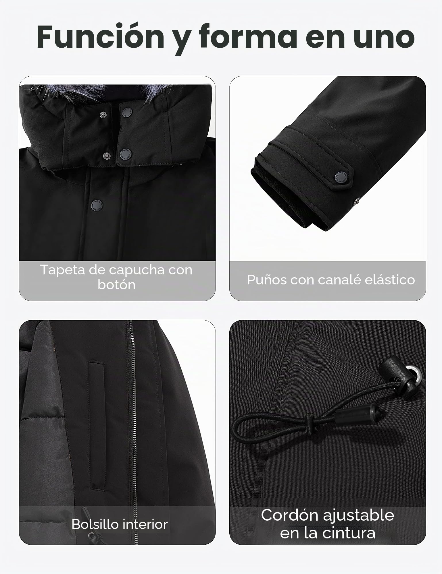 Wantdo Chaquetas de Algodón Invierno al Aire Libre Parkas Gruesa Capucha Desmontable con Pelo Chaqueta de Lana Resistente al Agua Abrigo Ajustado con Cinturón Hombres