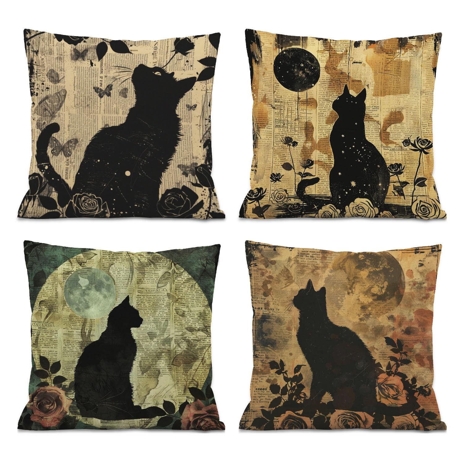 ISANOU Vintage Black Cat Decorative Pillow Covers,Halloween Moon Cat Throw Pillow Covers for Home Bedroom Living Room Couch Sofa Decor,18x18 Inch