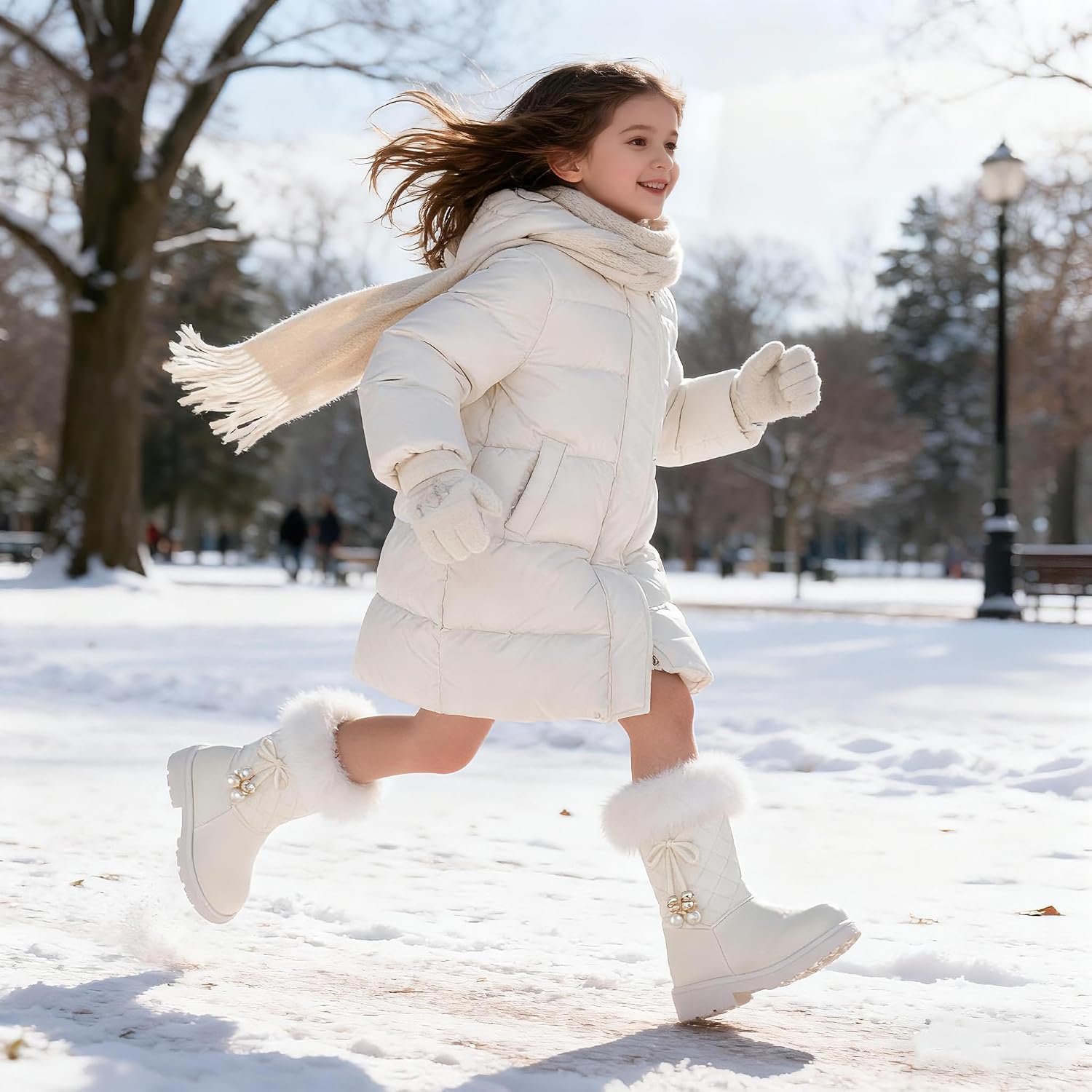 kkdom Girls Winter Snow Boots Warm Fur Boots Side Zipper Bowknot Pearl Princess Booties