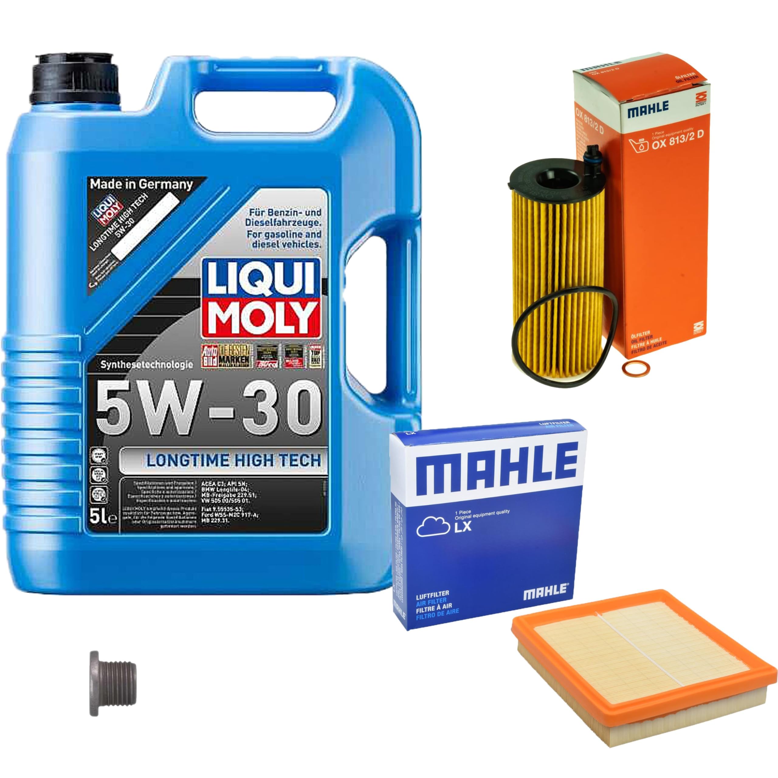 Inspektionspaket enthält 5 L Motoröl 5W-30 Longtime High Tech Ölfilter Luftfilter Verschlussschraube für X3 G01 F97 xDrive20d xDrive30i xDrive20i xDrive25d 5er Touring G31 520d xDrive G30