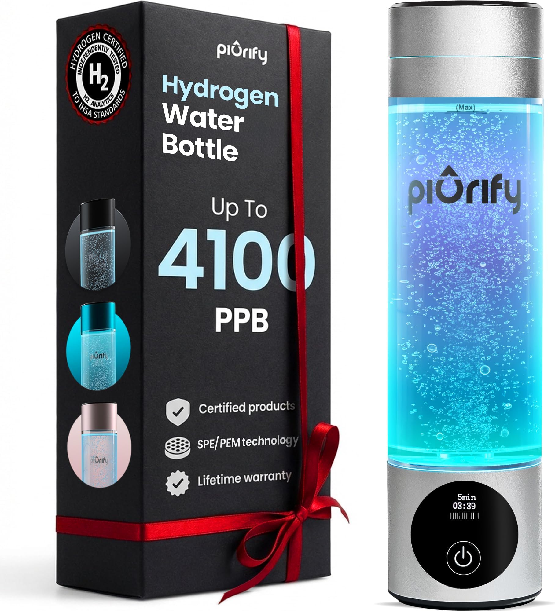SPE/PEM Hydrogen Water Bottle Generator - Concentration Up to 4100+ PPB - Portable Athletic Performance - Certified Hydration System