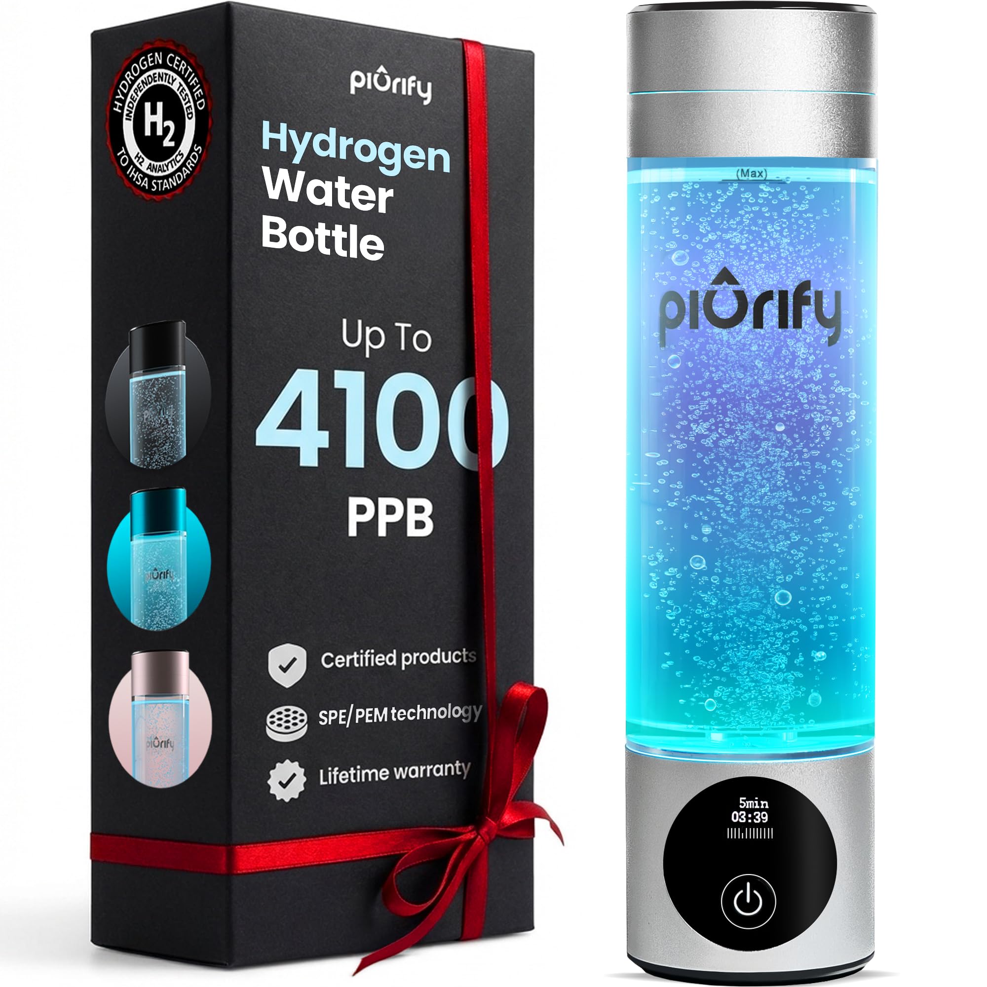 Hydrogen Water Bottle Generator - Up to 4100+ PPB Concentration - SPE/PEM Technology - Certified H2 Generator - Portable Athletic Performance & Hydration System - 6-Hour Hydrogen Retention (Silver)