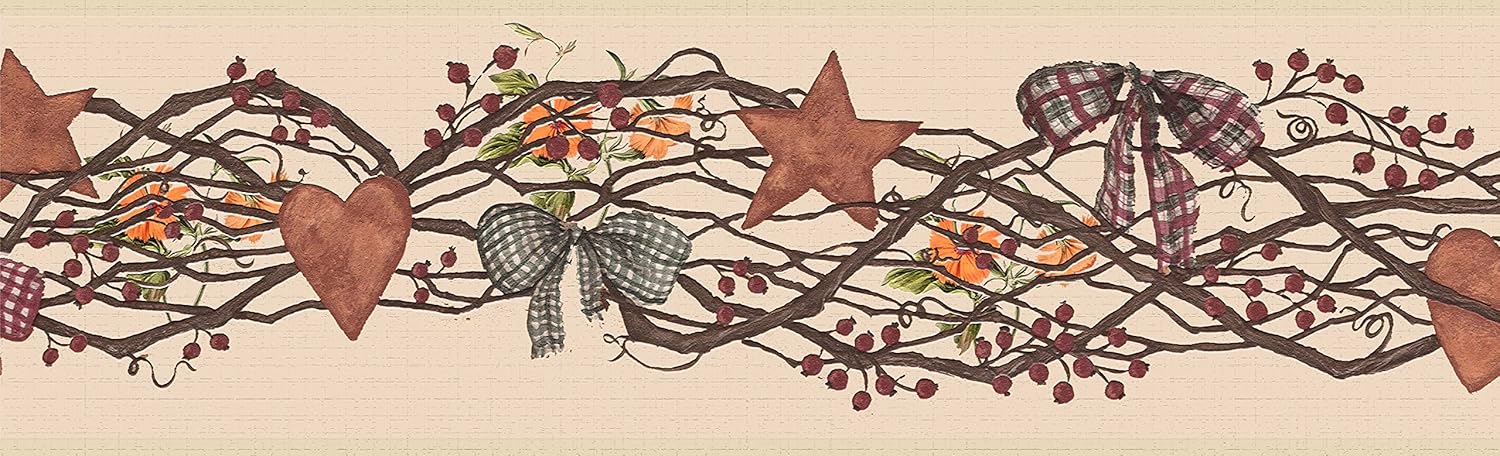 Dundee Deco Wallpaper Border Peel and Stick DDAZBD9226 Abstract Red Brown Stars Hearts Bows Wall Border Retro Design, 15 ft x 7 in (4.57m x 17.78cm), Self Adhesive