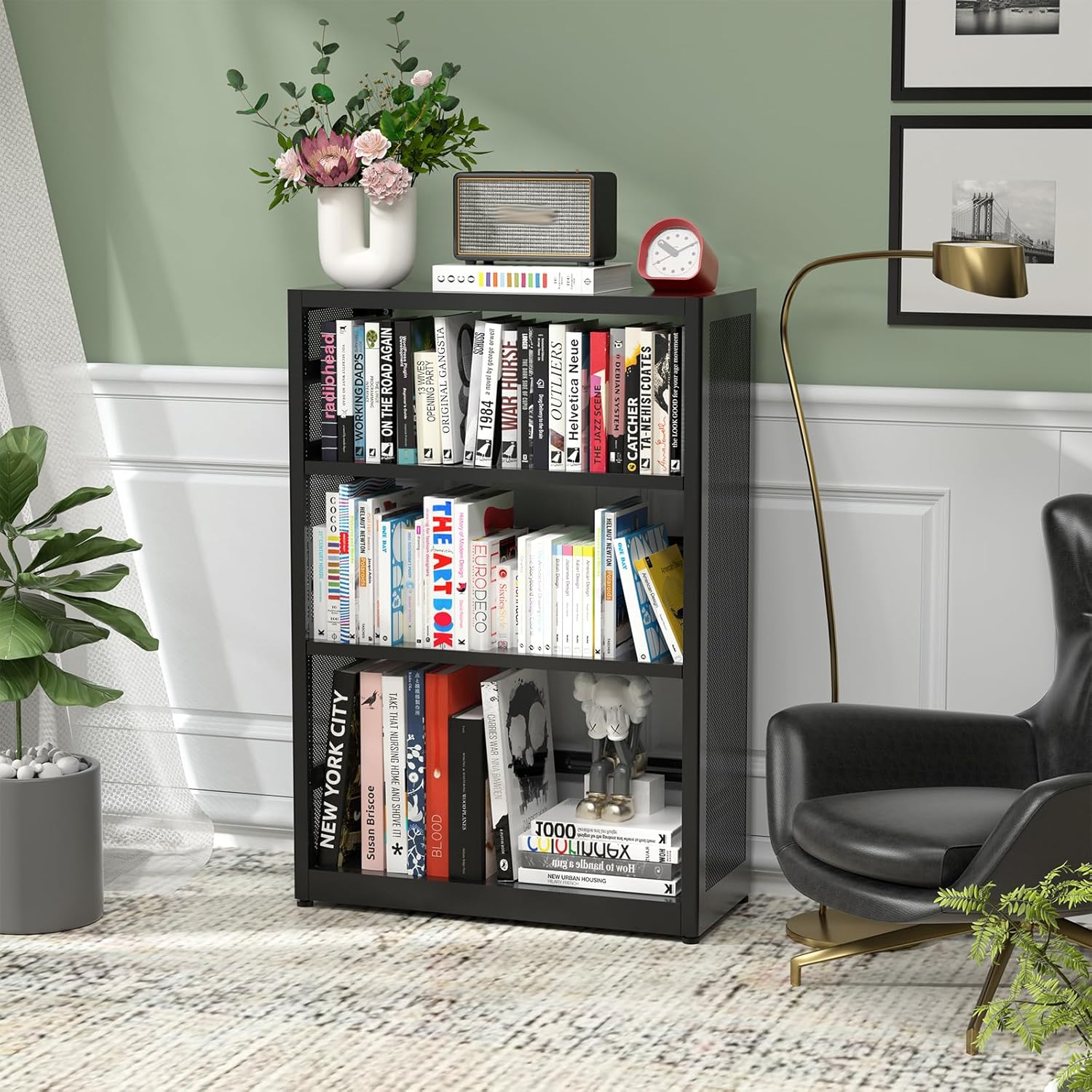 Mobile 3 Tier Bookshelf with Feet and Wheels, Metal Storage Book Shelf, Black Rolling Display Bookcase, 42" Tall Office Shelf Storage, Bookcase Storage Shelves for Kitchen, Study Room, Home Office