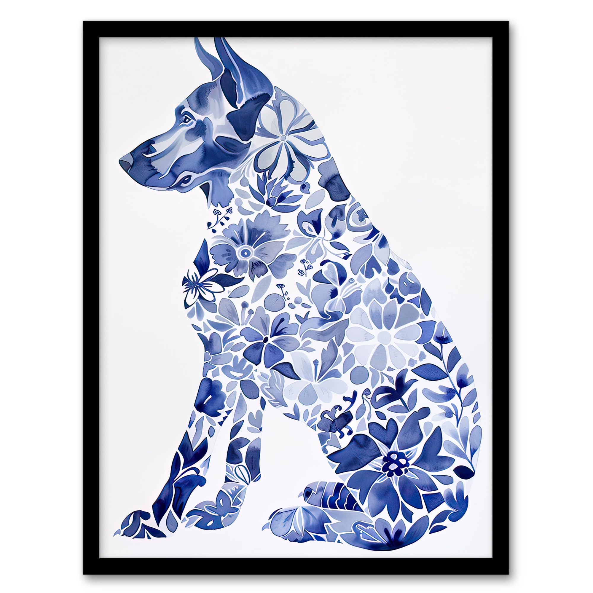 Artery8 Floral Pattern German Shepherd Dog Lover Design Living Room Artwork Framed Wall Art Print A4