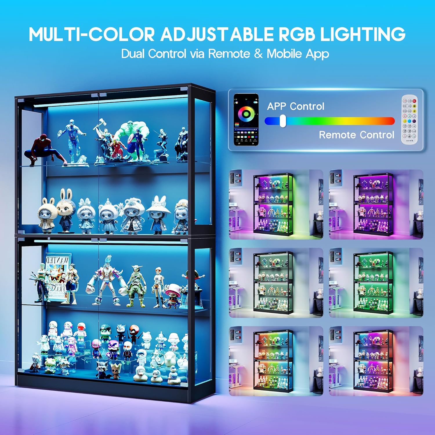 AMERLIFE RGB Display Cabinet with Adjustable Glass Shelves, 4-Tier Storage Case with LED Lights & Press-to-Open Doors, Modern Display Shelf for Collectibles, Black 70" H×45" L×16" D