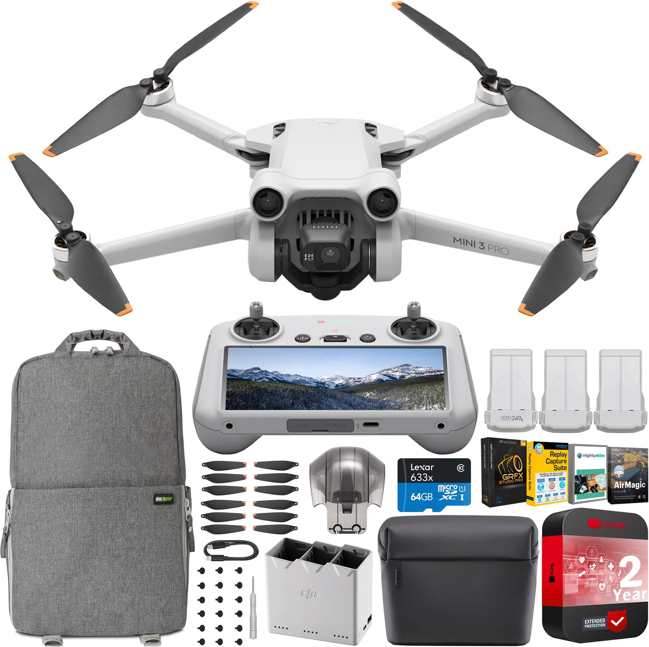 DJIMini 3 Pro Camera Drone Quadcopter with RC Smart Remote Controller + Fly More Kit Plus, 4K/60fps Video, 48MP, Tri-Directional Obstacle Sensing, 3 Battery Bundle w/Deco Gear Backpack +Accessories