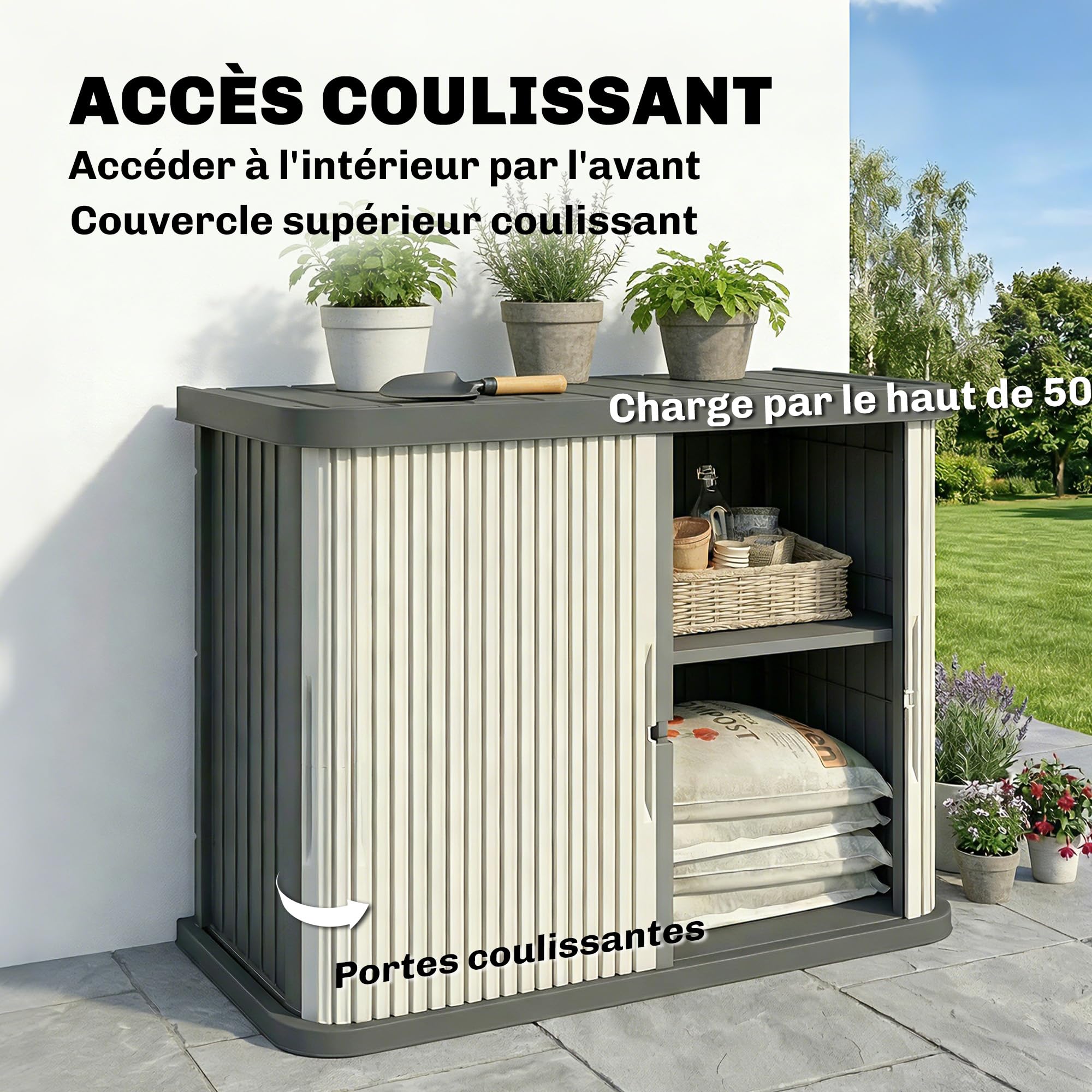 Outsunny Coffre de Rangement Extérieur 480 L 2 Niveaux Portes Coulissantes Résistant aux UV Jardin Terrasse 120,5x59,5x92cm Marron Clair
