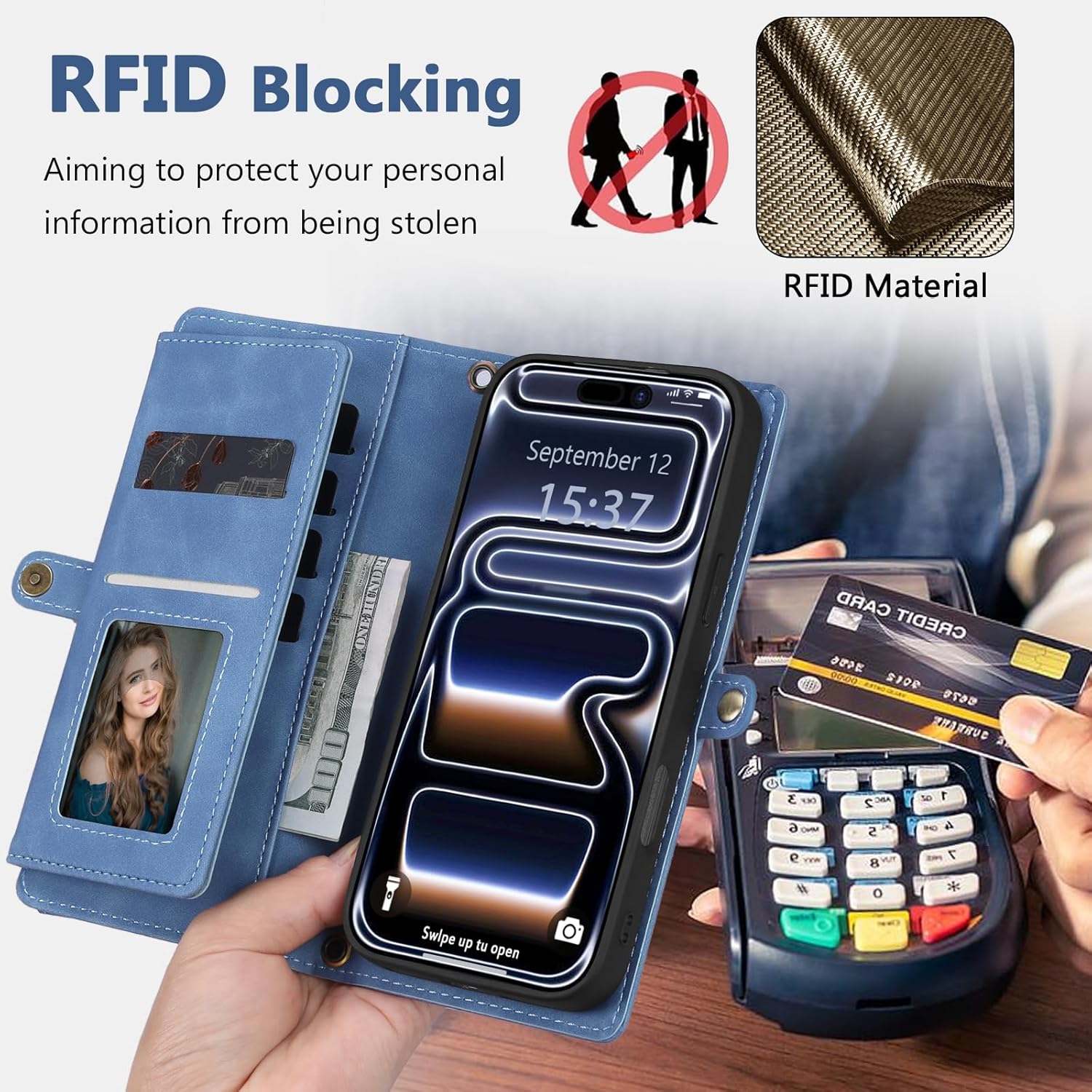 Wallet Case for iPhone 17 Pro with Card Holder/Crossbody Wallet/Strap,[RFID Blocking][Magnetic] PU Leather Phone Case for iPhone 17 Pro,6.3 in,Dream Sky Blue