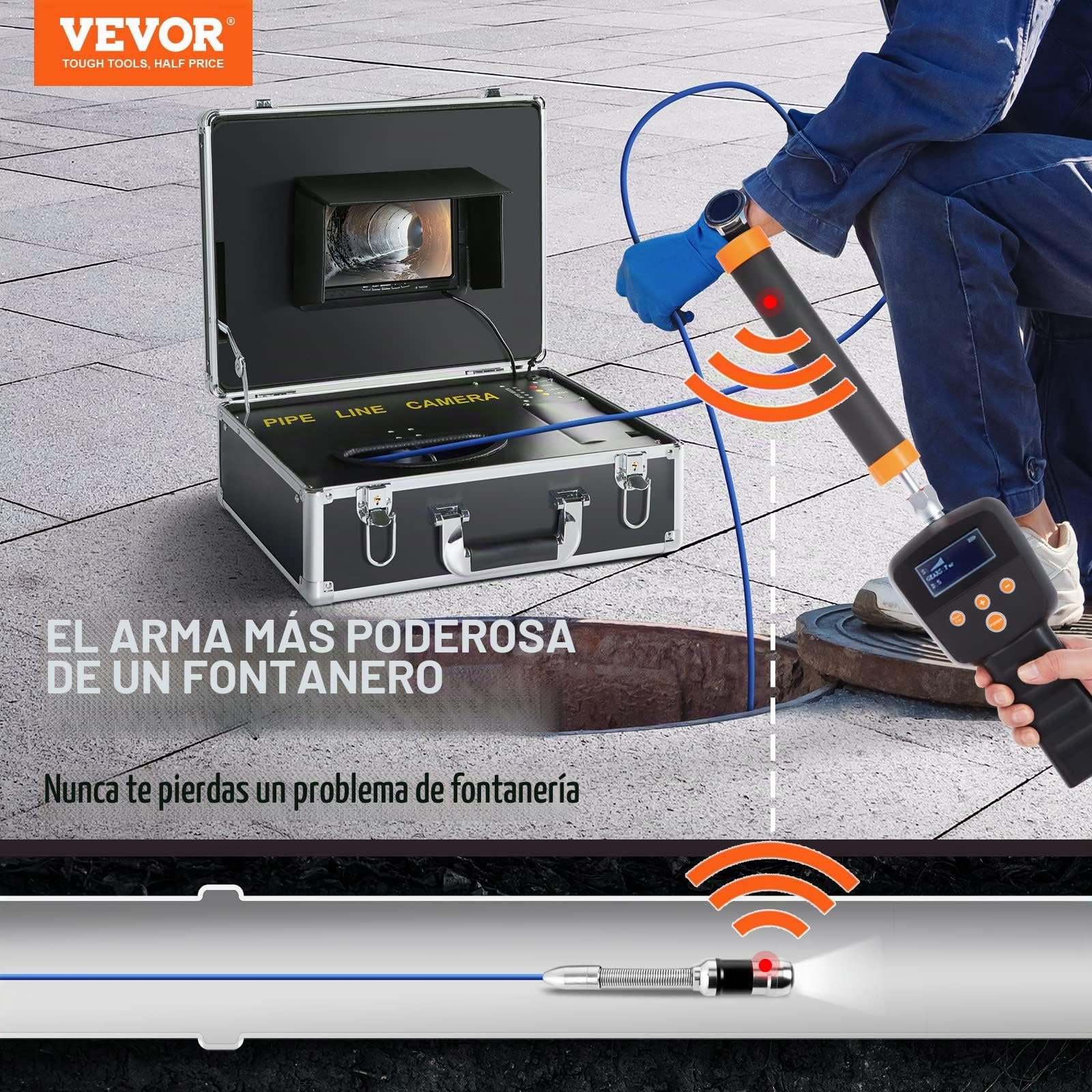 VEVOR Cámara de Inspección de Drenaje con 512 Hz Localizador Endoscopio Drenaje 30m Pantalla 7" IP68 Impermeable Grabadora DVR 12 LEDs Ajustables 16 GB Tarjeta SD para Tuberías de Alcantarillado Hogar