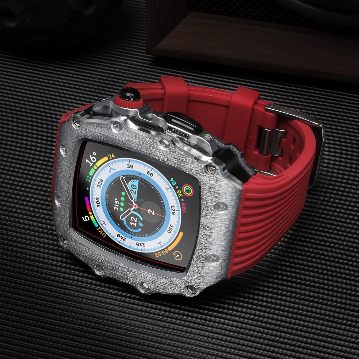 Luxury Case with Band for Apple Watch 9 8/7 45mm SE2/6/5/4/SE 44mm, Bumper Metal Protective Cover for iWatch 45mm 44mm Strap + Screen Protector + Rugged Scratch Resistant Case (45mm/44mm, Silver/Red) - Image 4