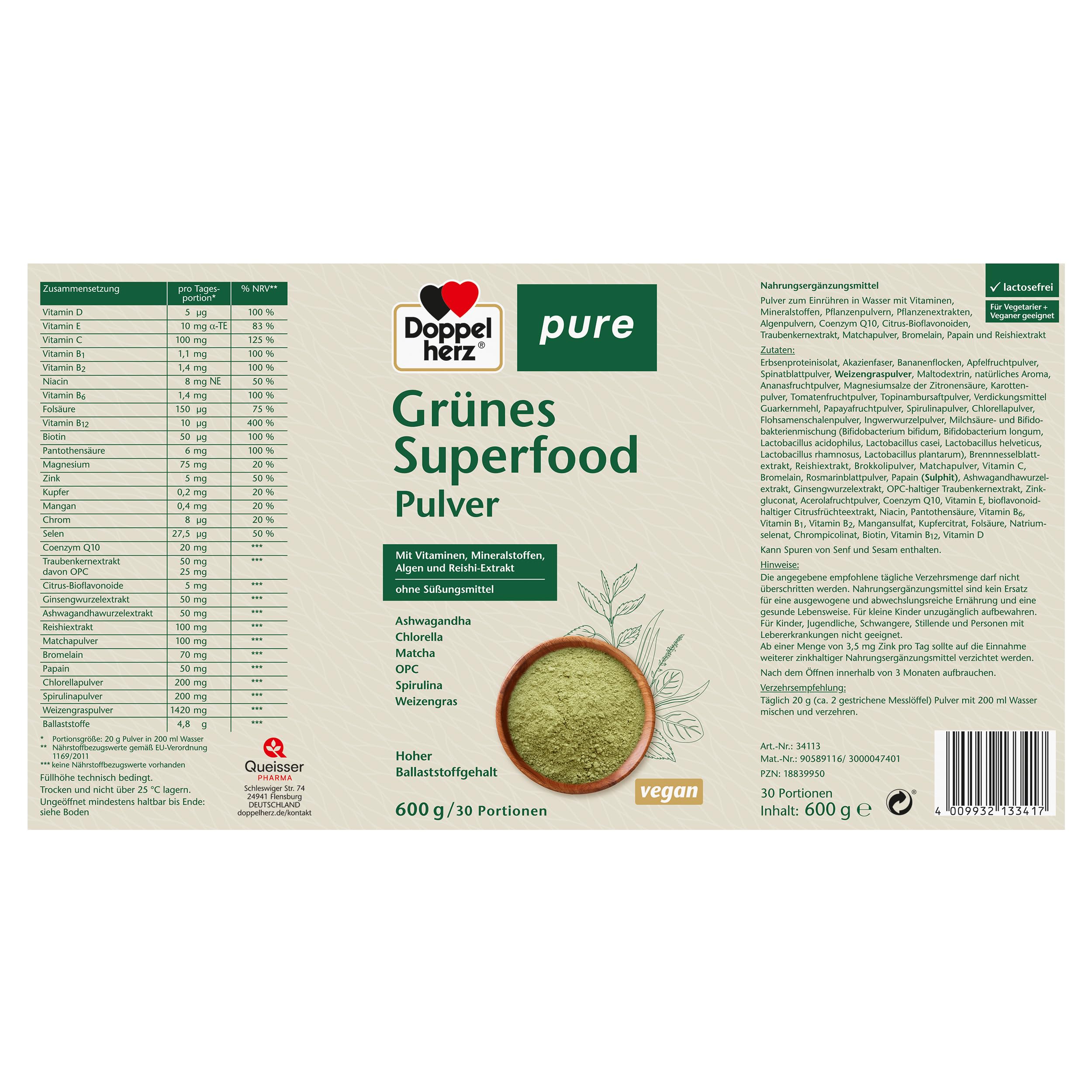 Doppelherz pure Grünes Superfood Pulver - U.a. mit Ashwagandha, Matcha, Weizengras & OPC - vegan & ohne Süßungsmittel - 600 g