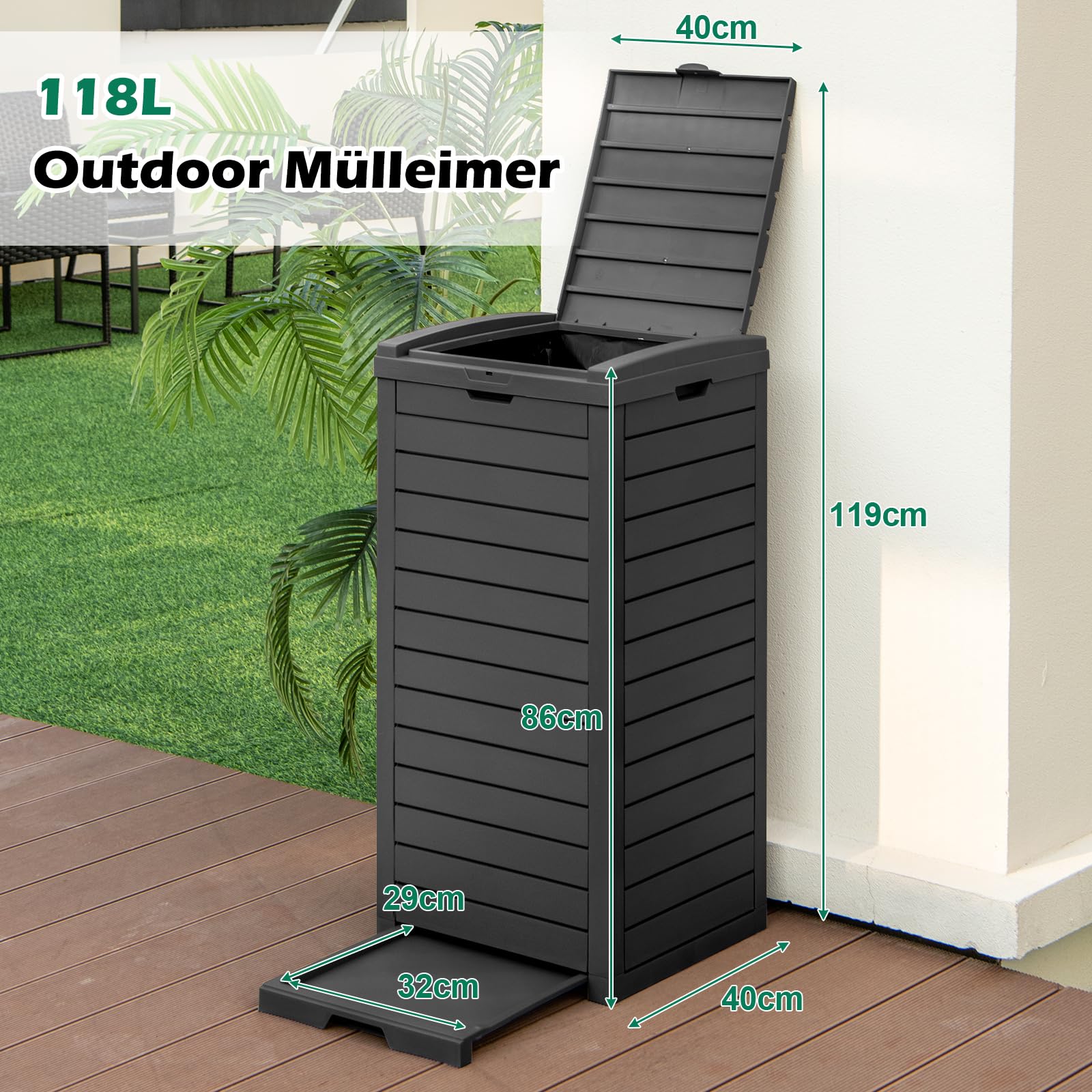 GOPLUS Mülltonnenbox 118 L, Mülleimer mit Klappdeckel & ausziehbarer Abtropfschale, tragbarer Mülltonnecontainer für Terrasse & Hinterhof (Schwarz-1 Pack)