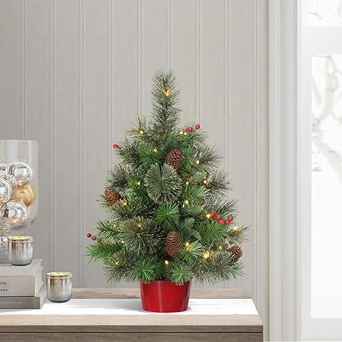 Vista 17 de Puleo International Árbol de Navidad artificial preiluminado de 2 pies con 35 luces en maceta de metal, color verde