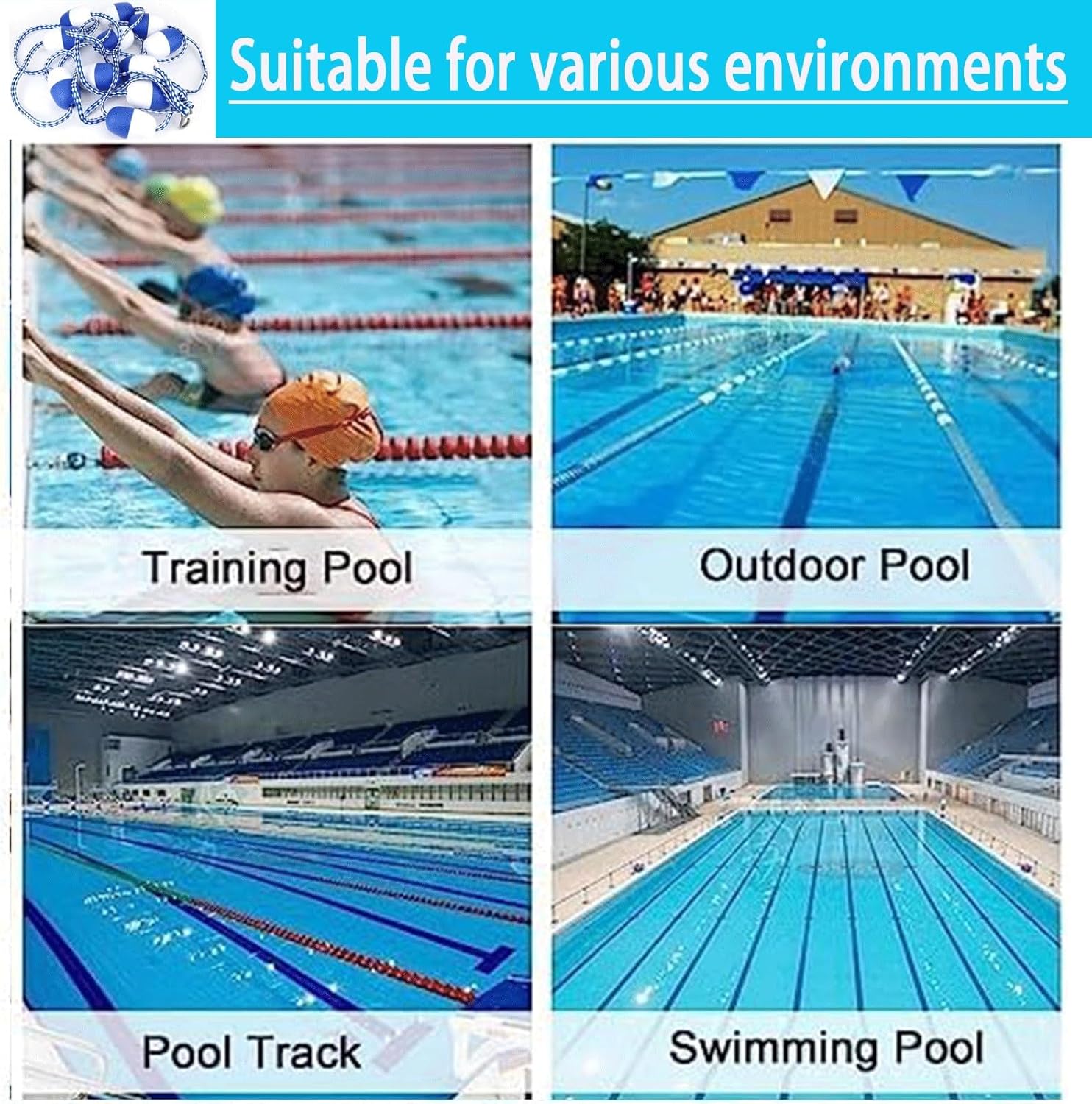 Pool Supply Pool Rope Floats To Divide Pool - Adjustable Safety Rope with Floating Buoys - Inground Swimming Shallow and Deep End Divider Barrier with Anchor Hooks 280ft