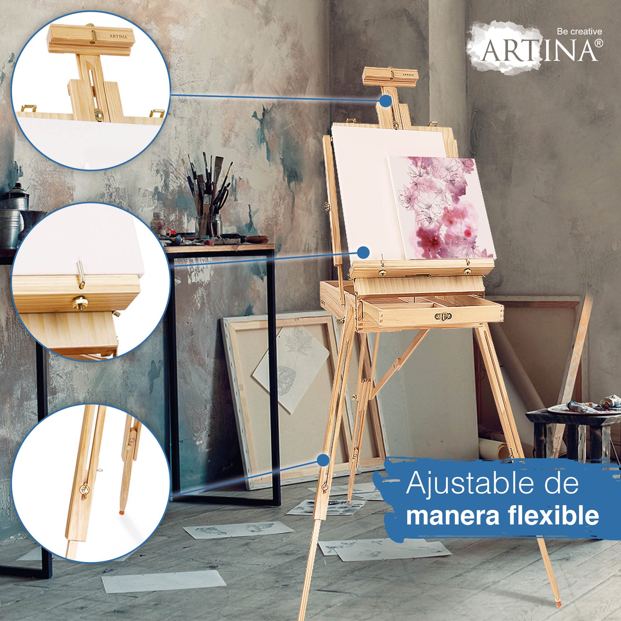 Artina Caballete maletín de pintura con paleta para lienzos hasta 100cm | Trípode madera pintor con inclinación integrado paleta versátil Madrid