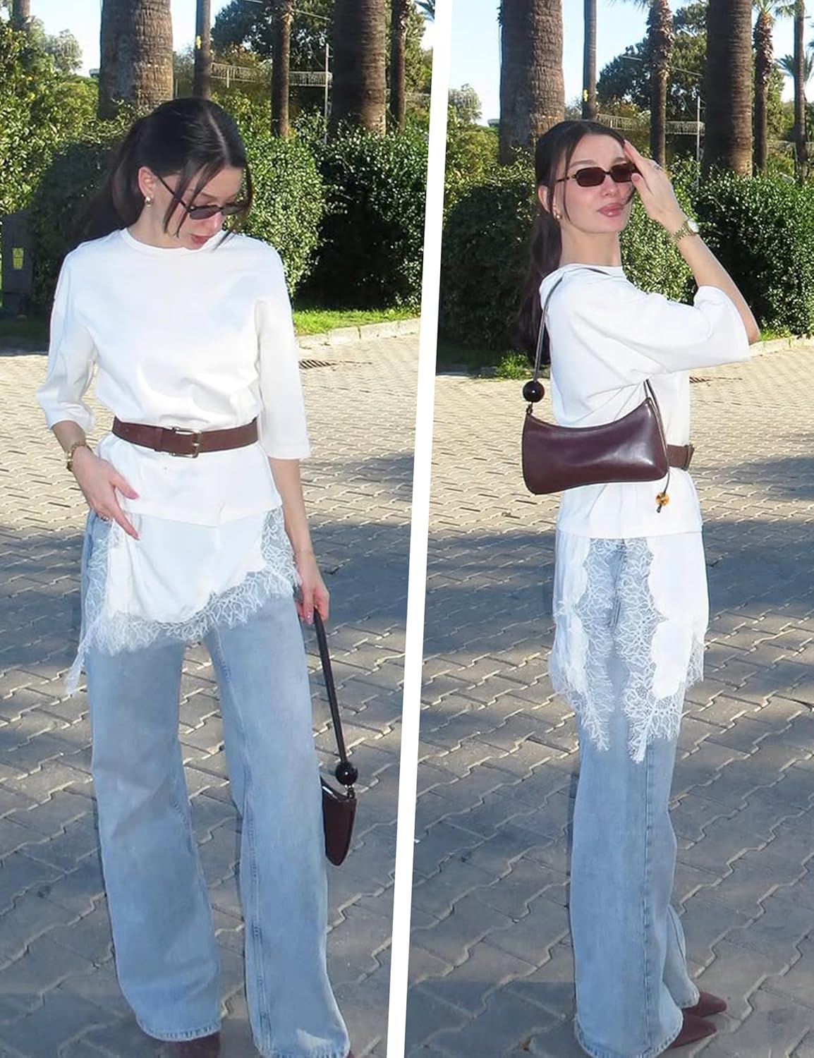 Asymmetrical Lace Trim T-Shirt for Women Y2k Short Sleeve Layering Tops Casual Crew Neck Short Dress Streetwear