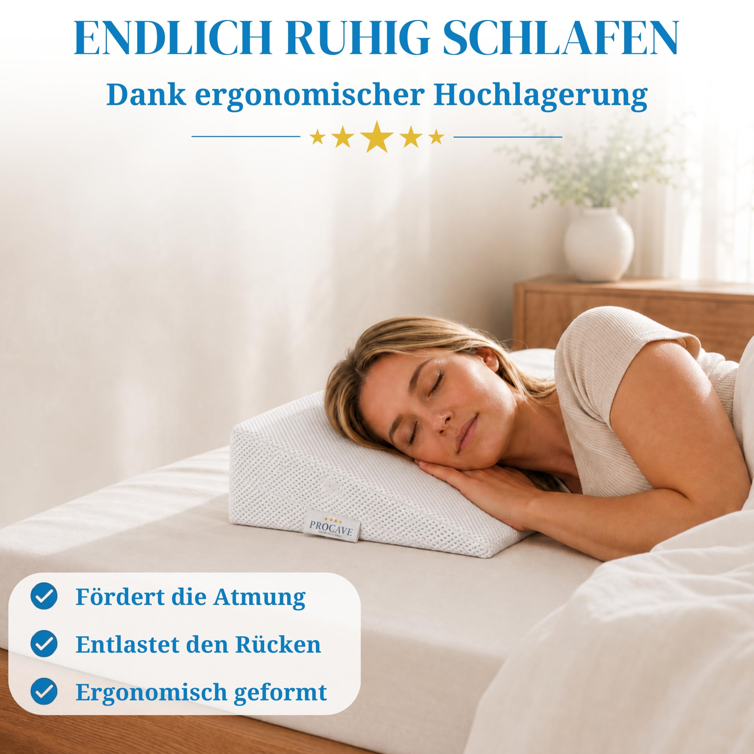 PROCAVE Bettkeil mit Bezug aus Silver Protect-Doppeltuch | Breite: 180 cm x T: 45 cm x H: 15/1 cm | Made in Germany | keilförmiges Schaumstoffkissen für Betten und Wasserbetten