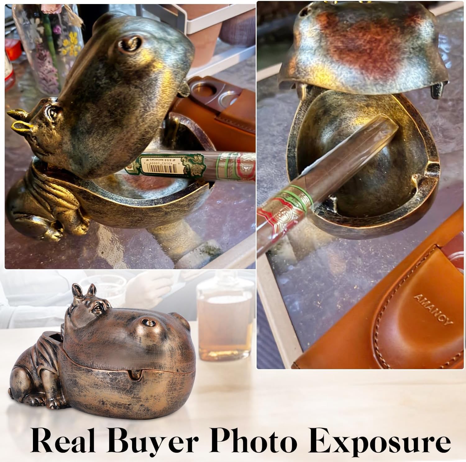 Cigar Ashtray with Lid, Decorative Hippo Ashtray for Cigars and Cigarettes, Windproof Outdoor Ashtray for Patio Table, Resin Hippopotamus Desk Decor Gift for Men, Copper