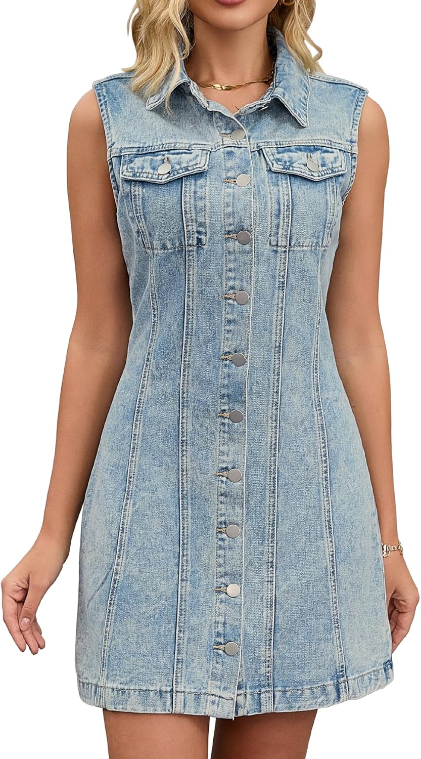 CIMUK Women Denim Dress Sleeveless Collared Western Button Down Short Jean Dresses