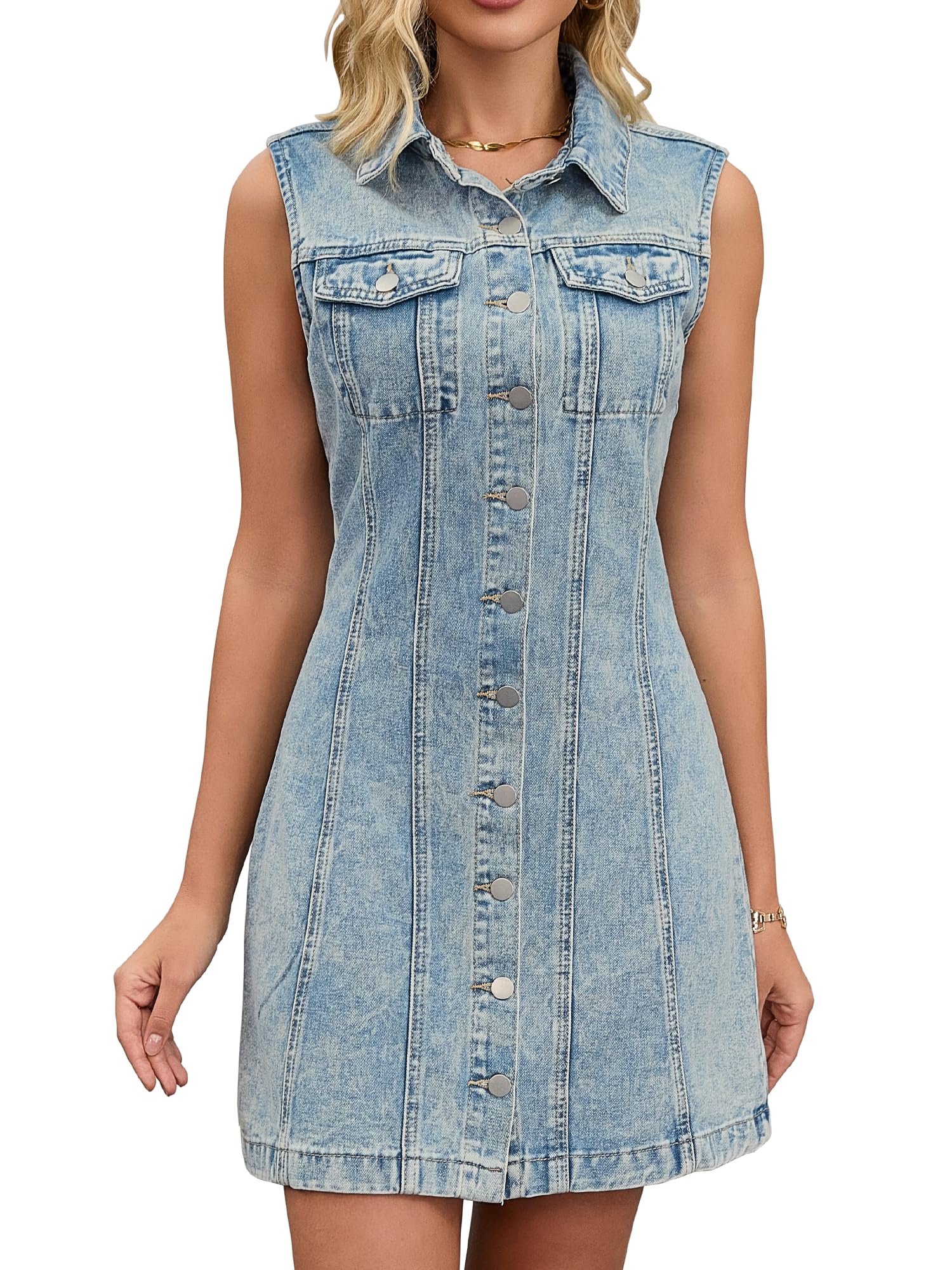 CIMUK Women Denim Dress Sleeveless Collared Western Button Down Short Jean Dresses