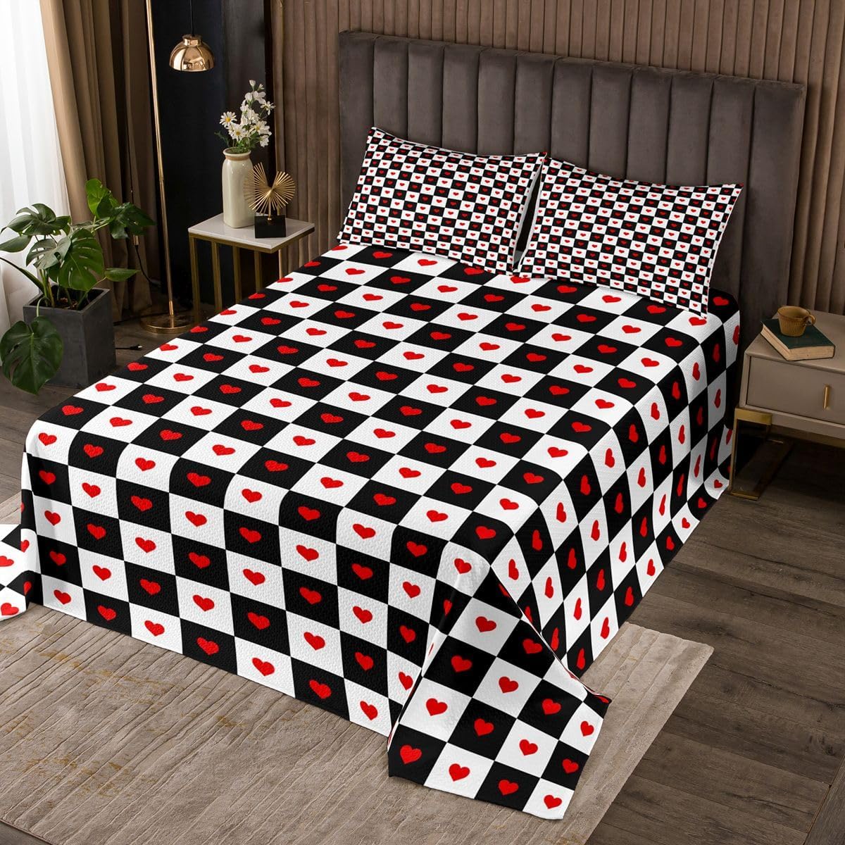 Homewish Red Hearts Bedding Set Queen Size 3 Pcs,Black White Checkered Bedspread for Kids Teens Adults,Romantic Style Simple Coverlet Set with 2 Pillowcases
