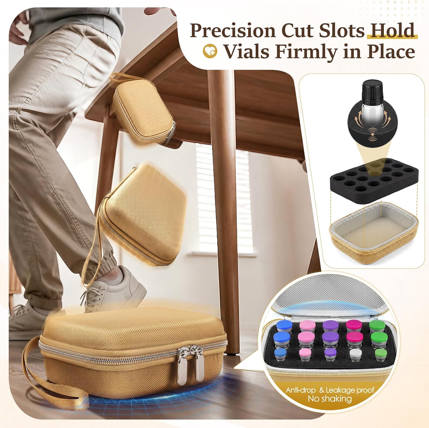 15 Slots Peptide Case for Fridge, Adjustable Insulin Vial Holder with Color Silicone Caps, Portable Peptide Travel Case for 1ml 3ml 5ml 10ml Vials Gold
