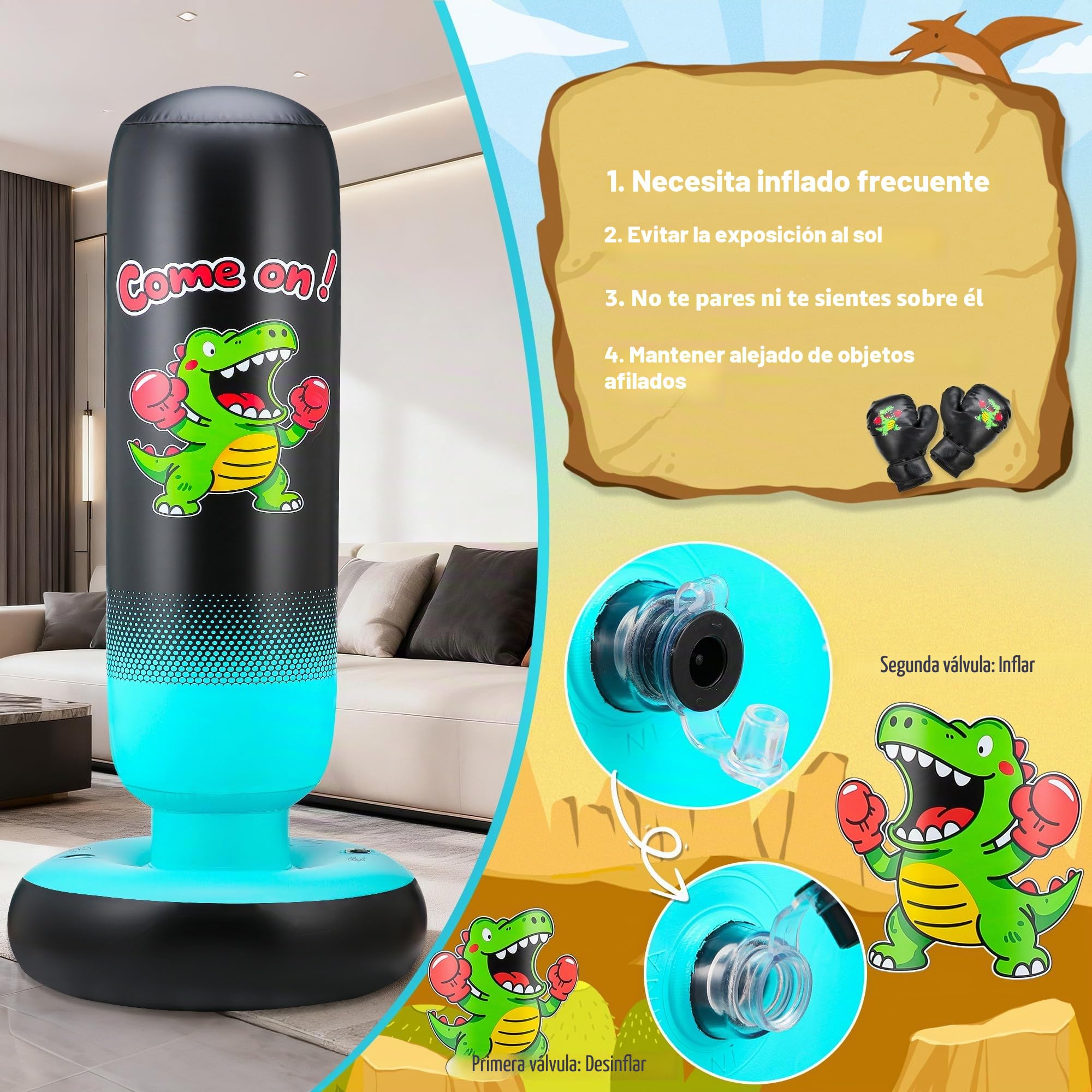 Saco de Boxeo Niños con Guantes de Boxeo y Bomba 165cm Grande Estable Dinosaurio & Golpear un Objetivo 2 en 1 Inflable Saco de Boxeo de Pie Regalo para Niños y Niñas 3-12 Años