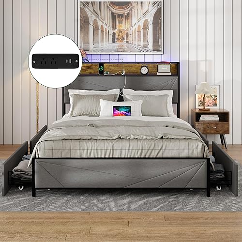 Miniatura 9 de Base de cama LED individual con estación de carga, cama de plataforma de tamaño individual con luces LED RGB, cabecera de almacenamiento de 2