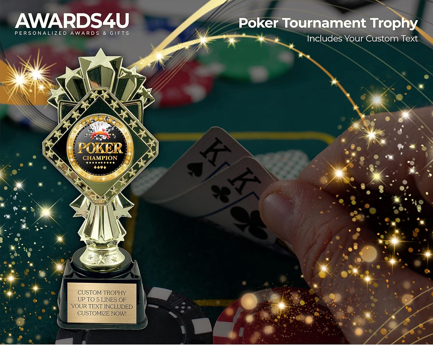 Custom Trophy for Cards Champion - Customized Award for Poker, Spades, Hearts, Gin Rummy, Winner of Texas Holdem - 9 Inches Tall - Personalized Engraving Text Includes