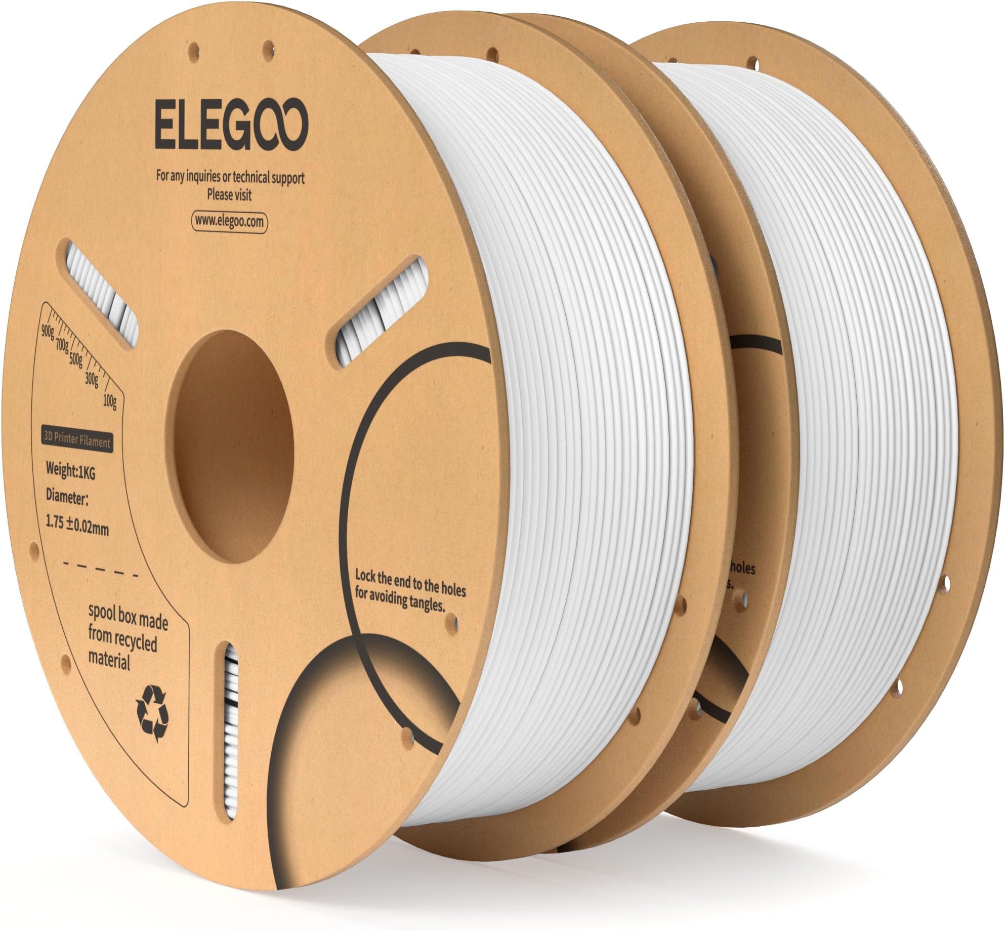 ELEGOO PLA Filament 1.75mm White 2KG, Dimensional Accuracy +/- 0.02mm, 2pcs 1kg Cardboard Spool(2.2lbs) 3D Printing Filament Fits for Most FDM 3D Printers