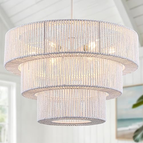 Miniatura 9 de Lámpara de araña bohemia de ratán tejida a mano de 25.19 pulgadas, 6 luces colgantes de granja para isla de cocina, 3 lámparas redondas grandes