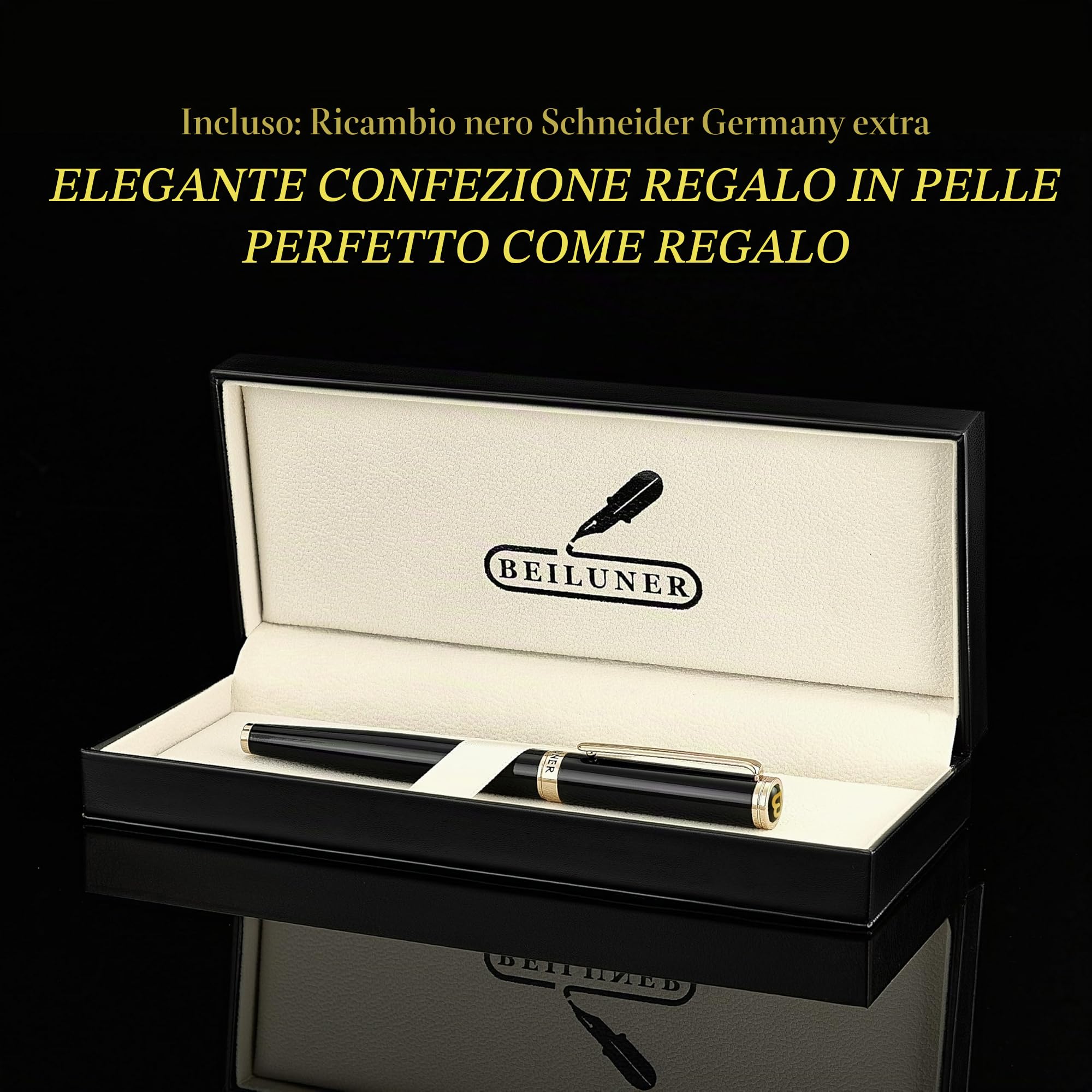 BEILUNER Penna Rollerball di Lusso Finiture Oro 24K, Design Nobili ed Eleganti, Ricambio Schneider, Set Regalo per Uomo e Donna, Professionale, Ufficio Dirigenziale - Nero & Oro