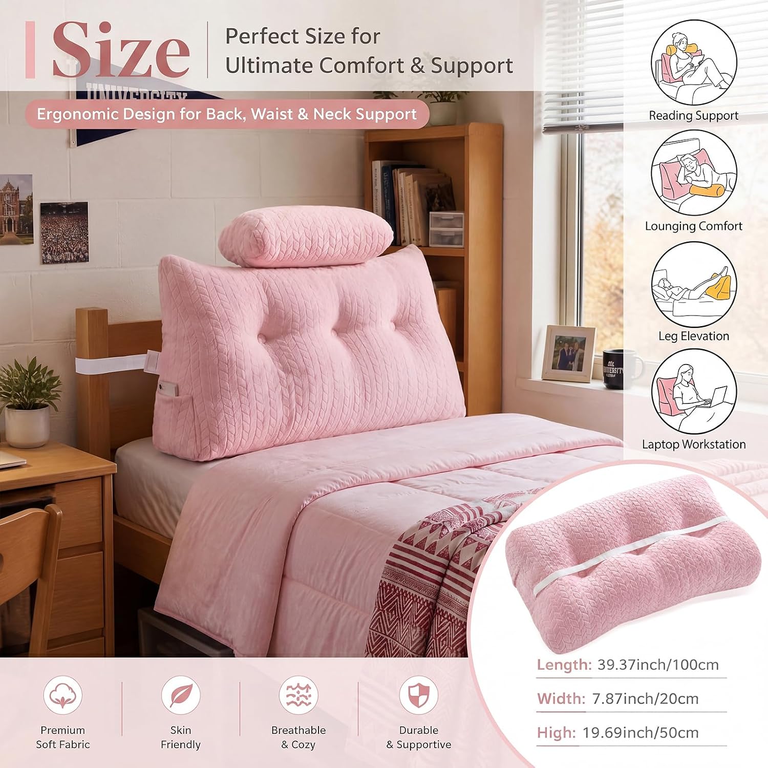 Wesiti Pink Triangular Dorm Headboard Pillow with Bolster and Elastic Strap