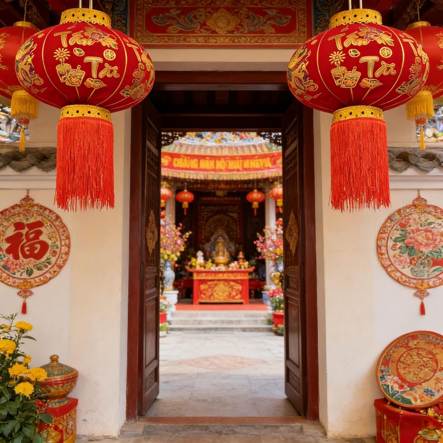 KYMY Vietnamese New Year Red Hanging Lanterns – Set of 2 Traditional Tết Spring Festival Cloth Fabric Lanterns with Gold Embroidery & Tassels, 60# Lunar New Year Indoor Outdoor Door Porch Decor