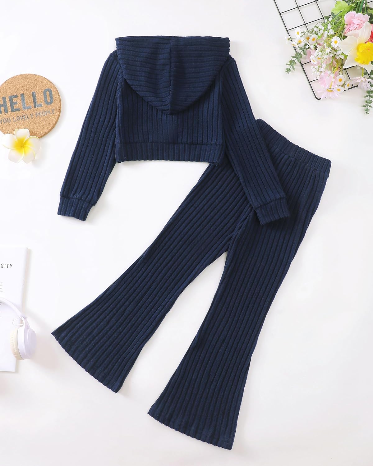 XUANHAO Girls Clothes Fall Winter Teen Outfits for Girl Rib Knit Twist Front Hoodie Flare Pants Sweatsuit Girls Clothing Set - Image 4