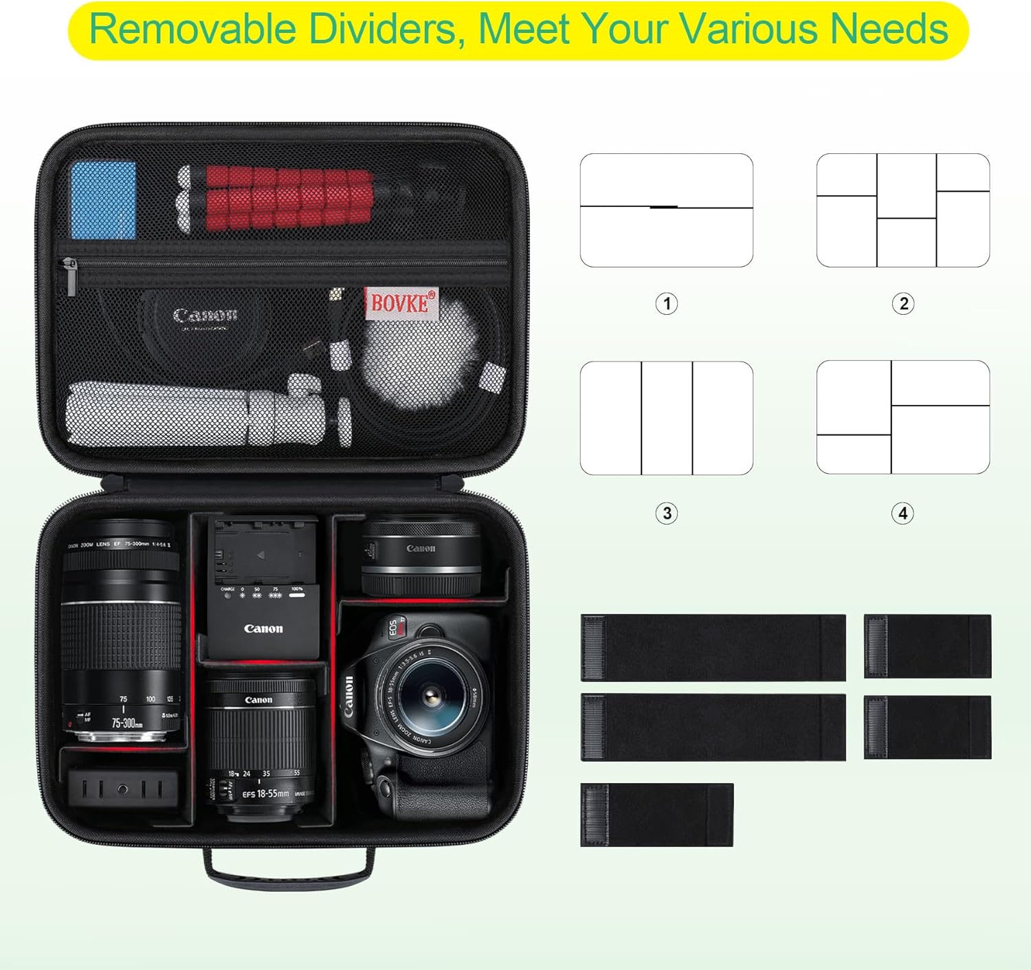 BOVKE Carrying Case for Canon EOS Rebel T7 / R50 / R6 Mark II / R100 Cameras, Storage Case for Canon, Sony, Nikon DSLR SLR Cameras, Lens, Tripod and Accessories, Shoulder Strap with 5 Dividers, Black - Image 3