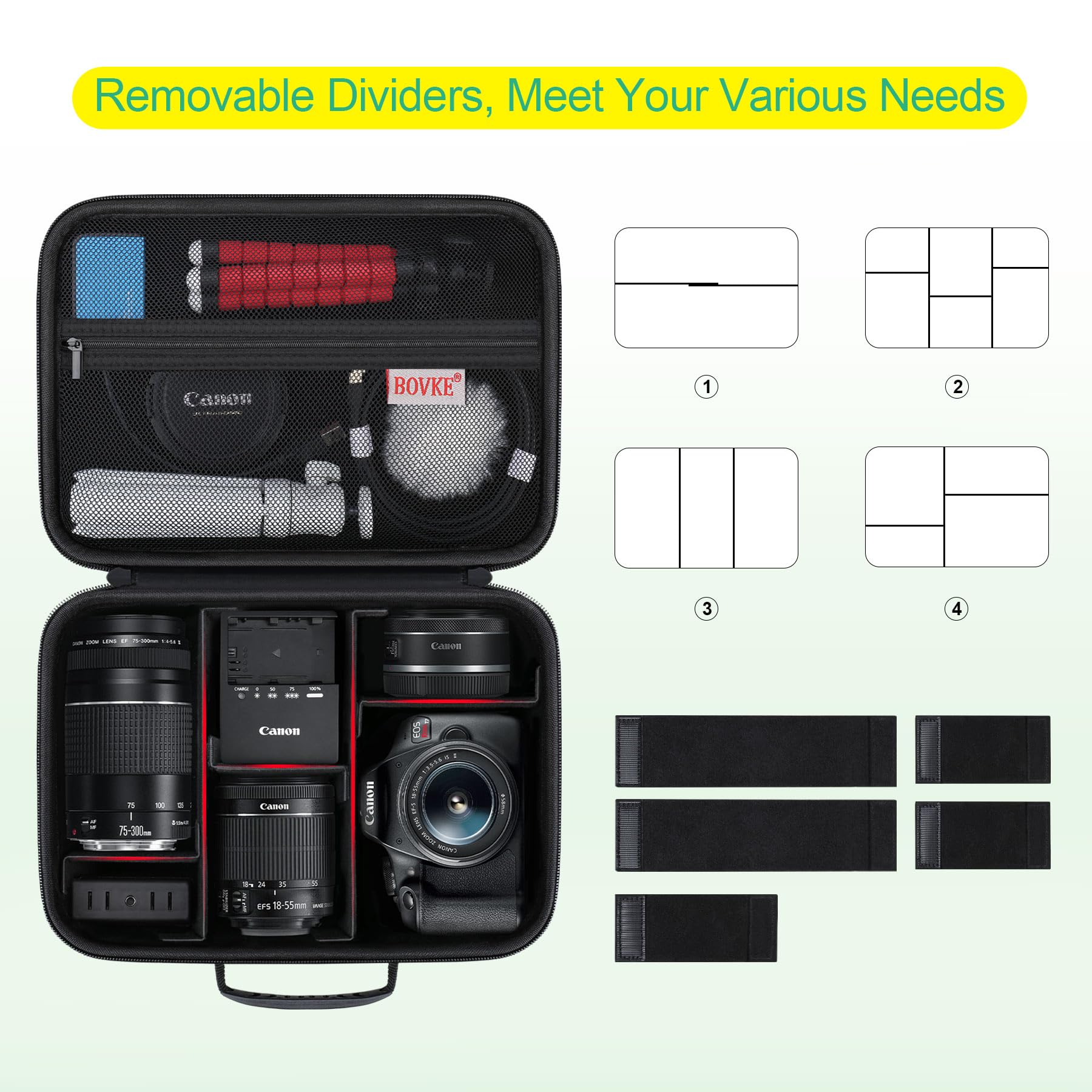 BOVKE Trasporto Custodia per Canon EOS R50/R100/4000D/2000D/250D/R10/R7/Rebel T7, Custodia per Sony Alpha 7 III/A7R IV, NiKon D3500/D7500, Spazio per Obiettivo, Trapalla con 5 Divisori, Nero