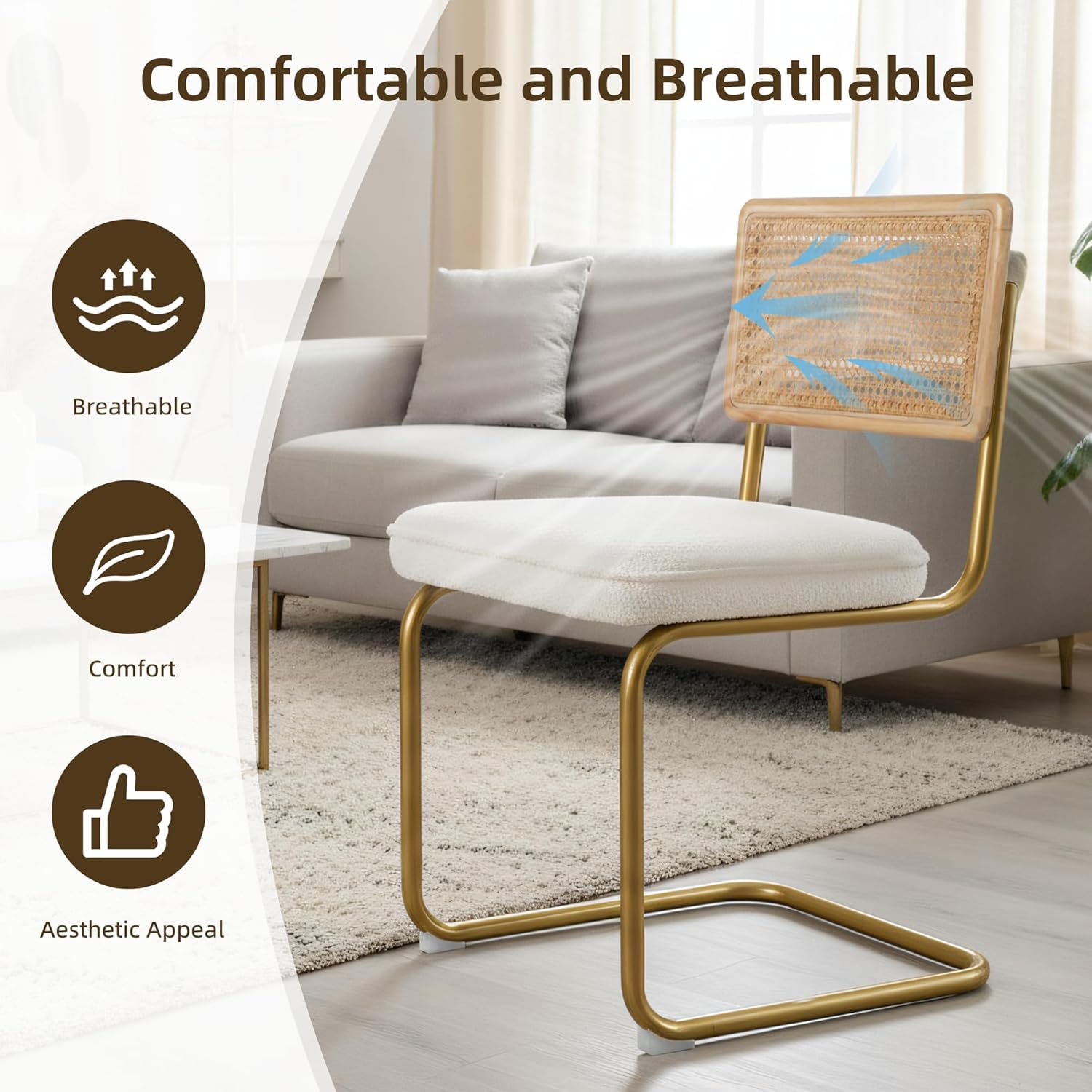 CangLong Rattan Dining Chairs Set of 2, Modern Kitchen Chairs with Natural Mesh Rattan Backrest & Solid Thick Metal Legs, Upholstered Fleece Armless Side Chairs for Living Room, Study, Cream