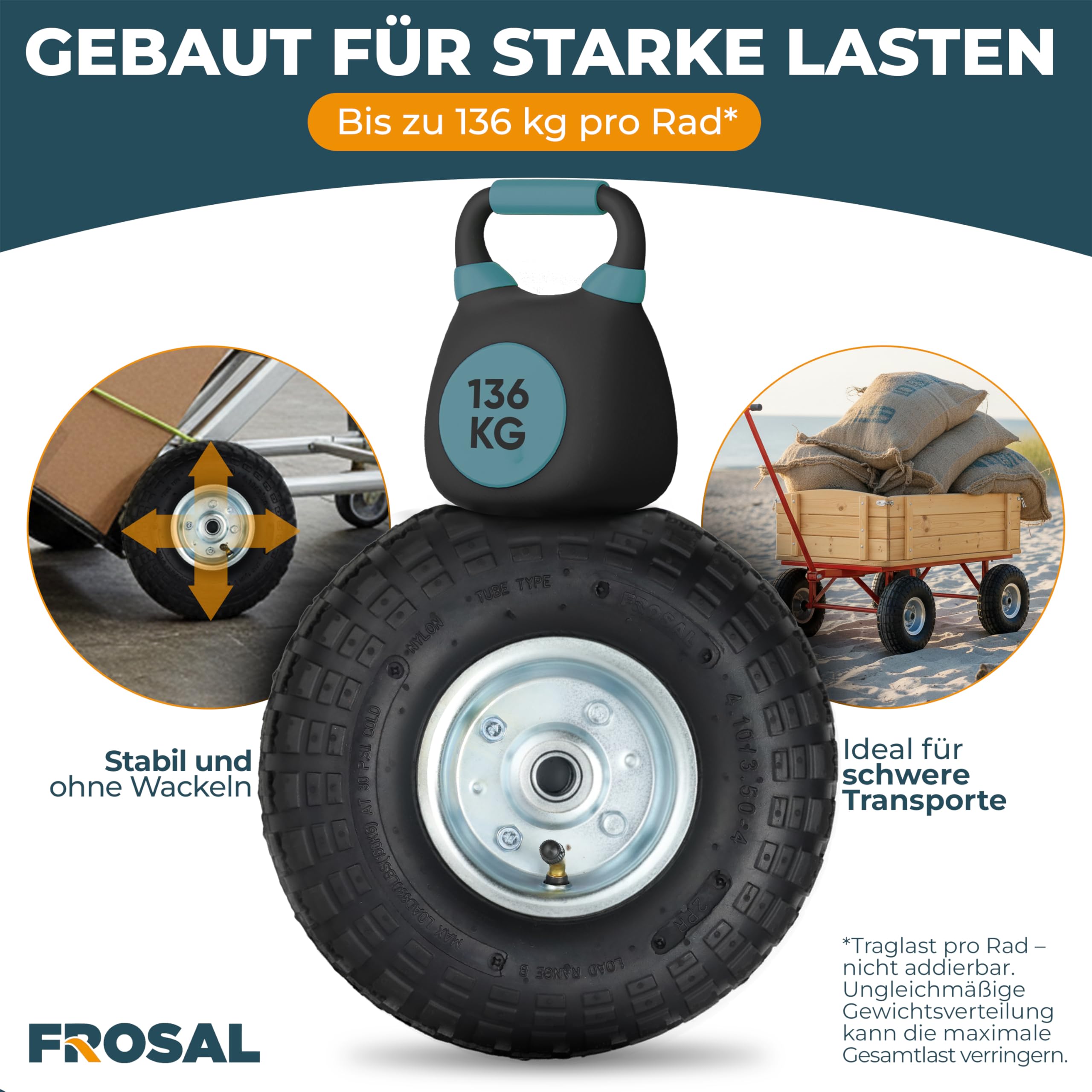 FROSAL Luftrad 260 mm 4.10/3.50-4 – Ersatzrad für Bollerwagen, Sackkarre, Transportwagen – Ø 260×85 mm – Achse Ø16 mm Nabenlänge 55 mm – Stahlfelge silber Ø120 mm – Kugellager – luftgefüllt – 2er Set