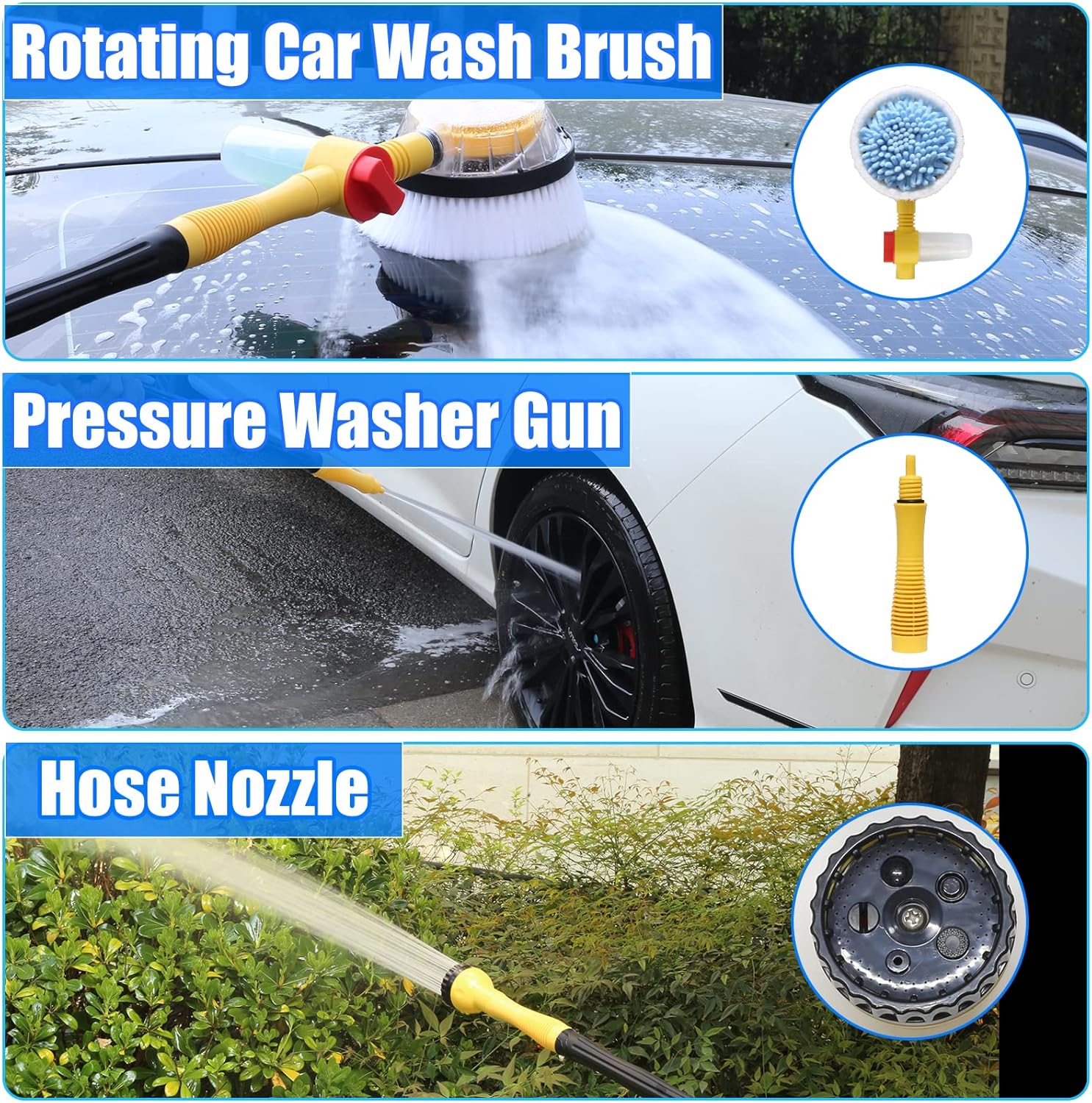 Rotating Car Wash Brush, Car Wash Brush with Long Handle,Automatically Foams Car Wash Kit with Car Cleaning Brush,Pressure Washer Gun and Hose Nozzle for Cars,Yards,Gardens,Pets etc