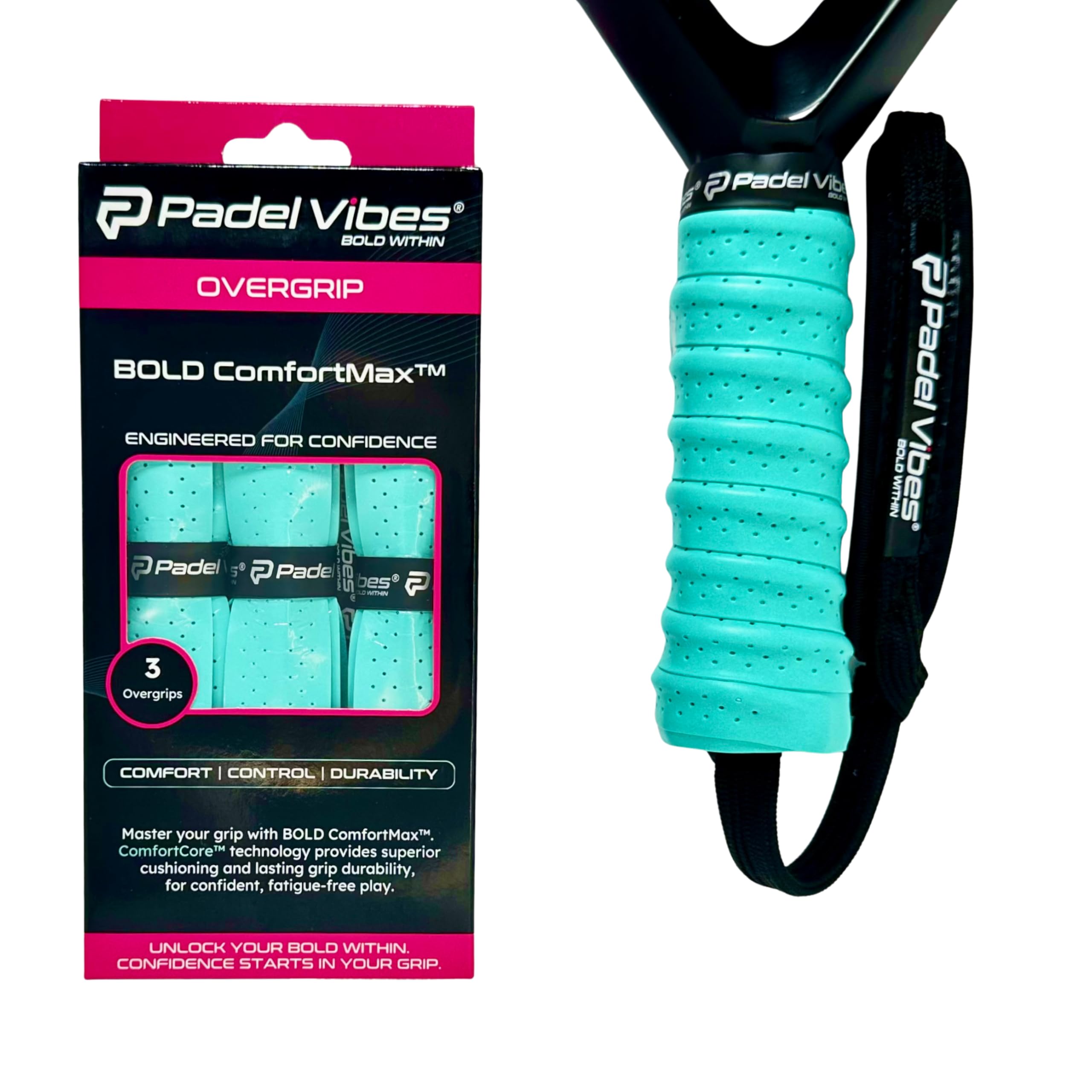 Padel Vibes® BOLD ComfortMax™ Overgrip | Perforated, Ergonomic Overgrips for Padel, Tennis, Badminton, Squash, Racketball | Sweat-Absorbing, Anti-Slip, Durable (Aqua | 3-Pack)