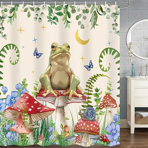 Miniatura 18 de JAWO Cortina de ducha de hongos, cortinas de ducha bohemias con diseño floral, diseño de rana divertida, juego de accesorios de baño con ganchos, 69