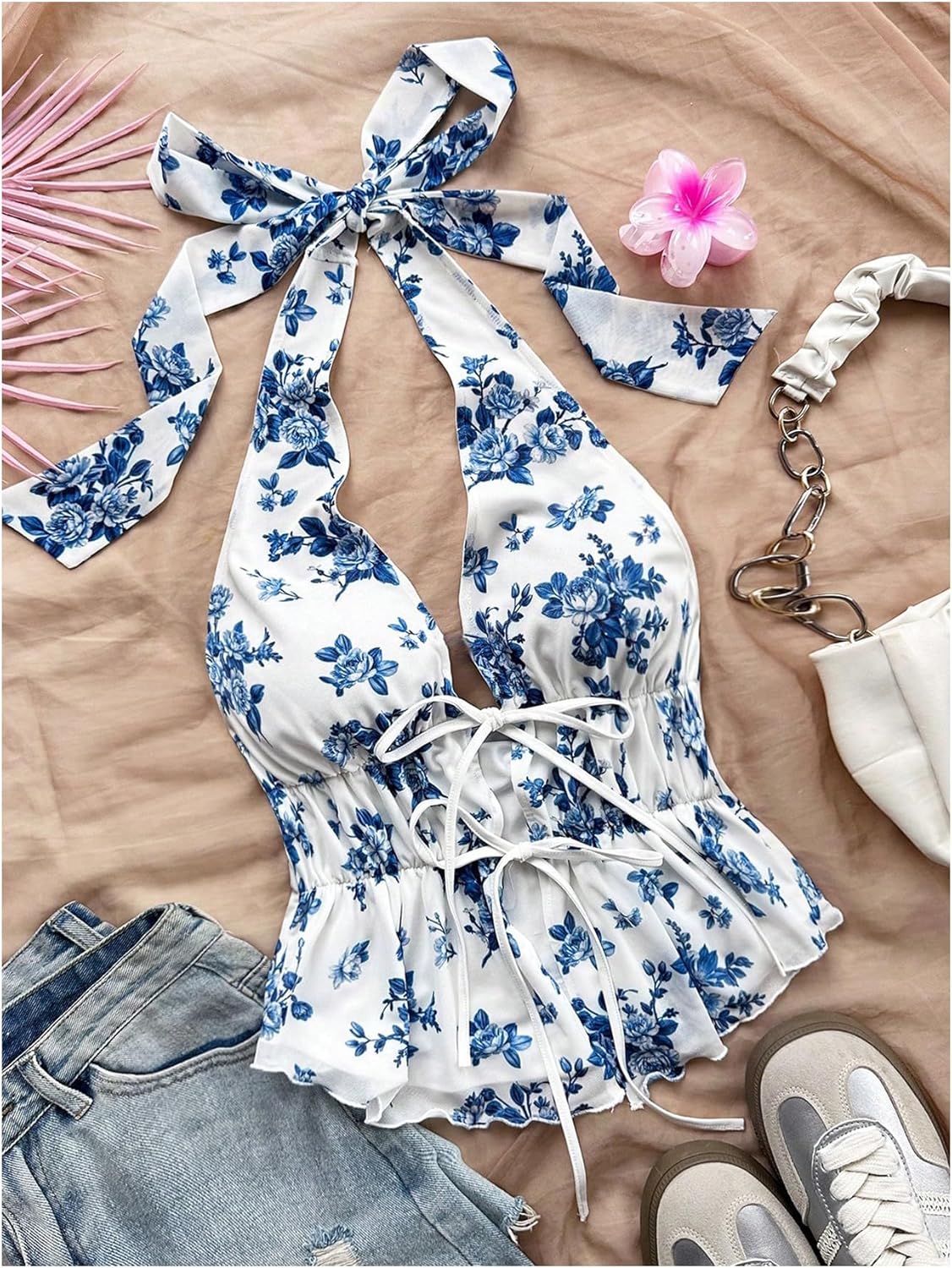 Women's Boho Floral Print Halter Top Y2k Sleeveless Backless Bow Knot Ruffle Tank Tops - Image 3