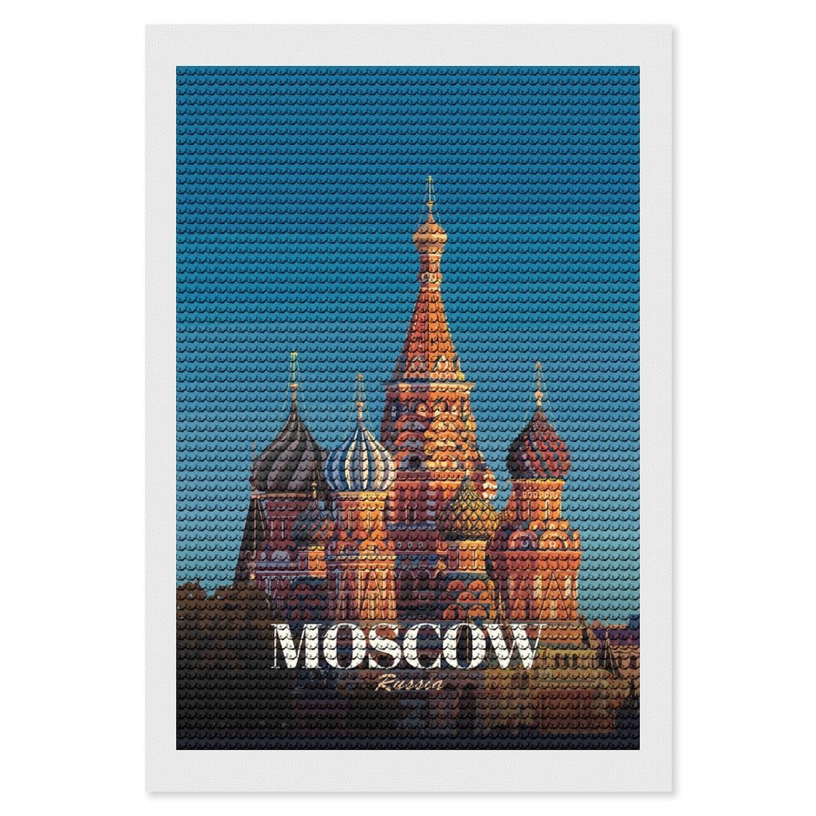 Junmoney Moscow Russia Travel DIY Diamond Art Canvas Kit 8"x12", Adhesive Canvas, Easy to Enjoy, Farmhouse Decor, Festive Craft Gift