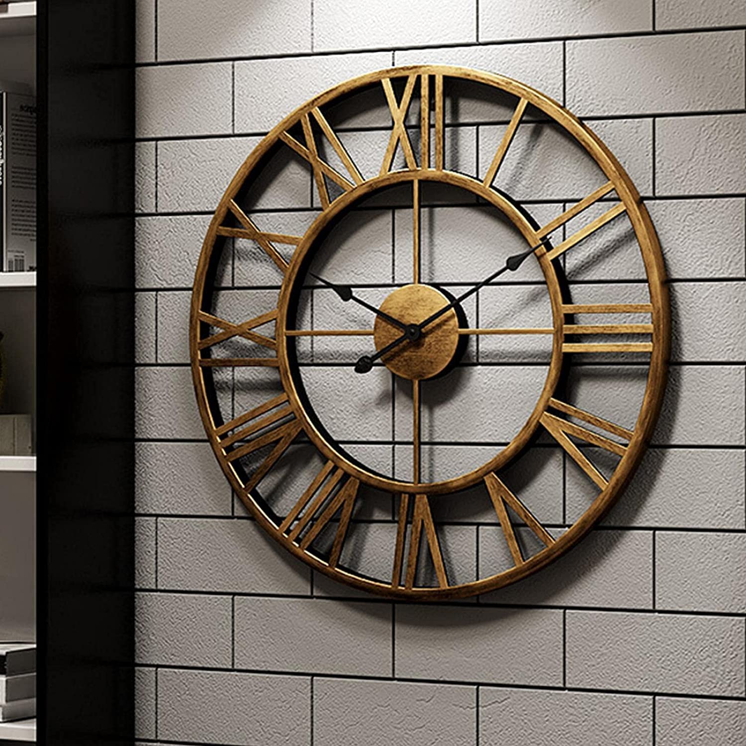 XJBTBA Vintage duży zegar ścienny okrągły metalowy cichy, nie tykający na baterie cyfry rzymskie zegary do domu, biura, wnętrz, zegar ogrodowy na zewnątrz 60CM złoty