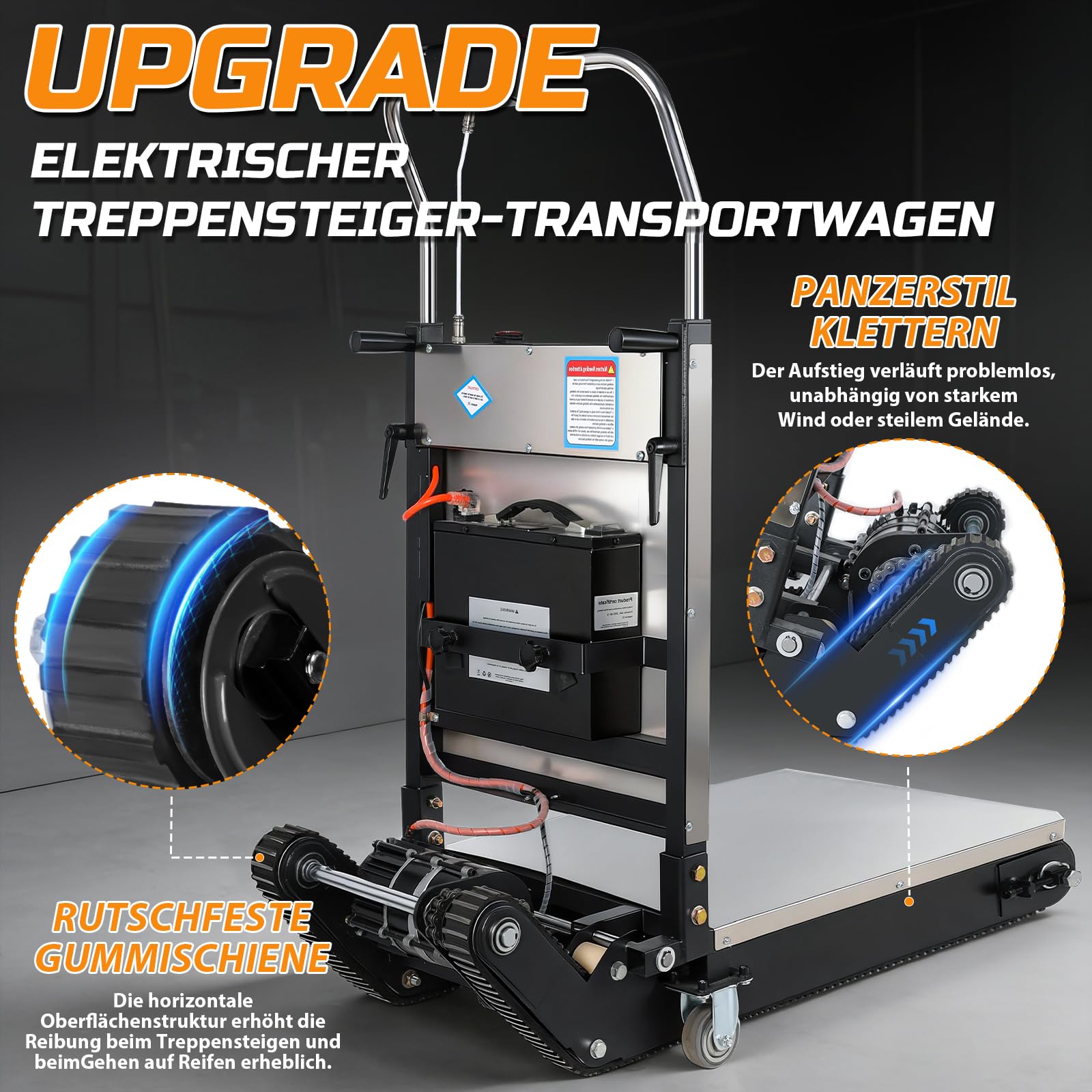 Carrello saliscale elettrico da 1200 W con catene migliorate e ripiano regolabile in altezza, batteria al litio, fino a 400 kg con corda di sicurezza, saliscale per carichi pesanti per magazzino e