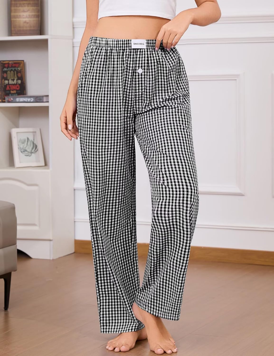 SWOMOG Women 100% Cotton Pajama Pants Striped Plaid Pj Trousers Drawstring Gingham Bottoms Casual Wide Leg Pant with Pocket - Image 3