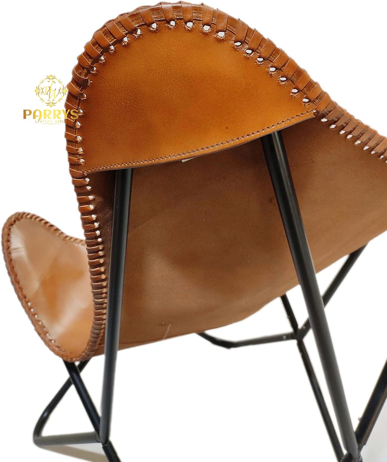 Vintage Brown Leather Living Room Chairs - Handmade Tan Leather Butterfly Chairs for Adults with Powder Coated Folding Iron Frame
